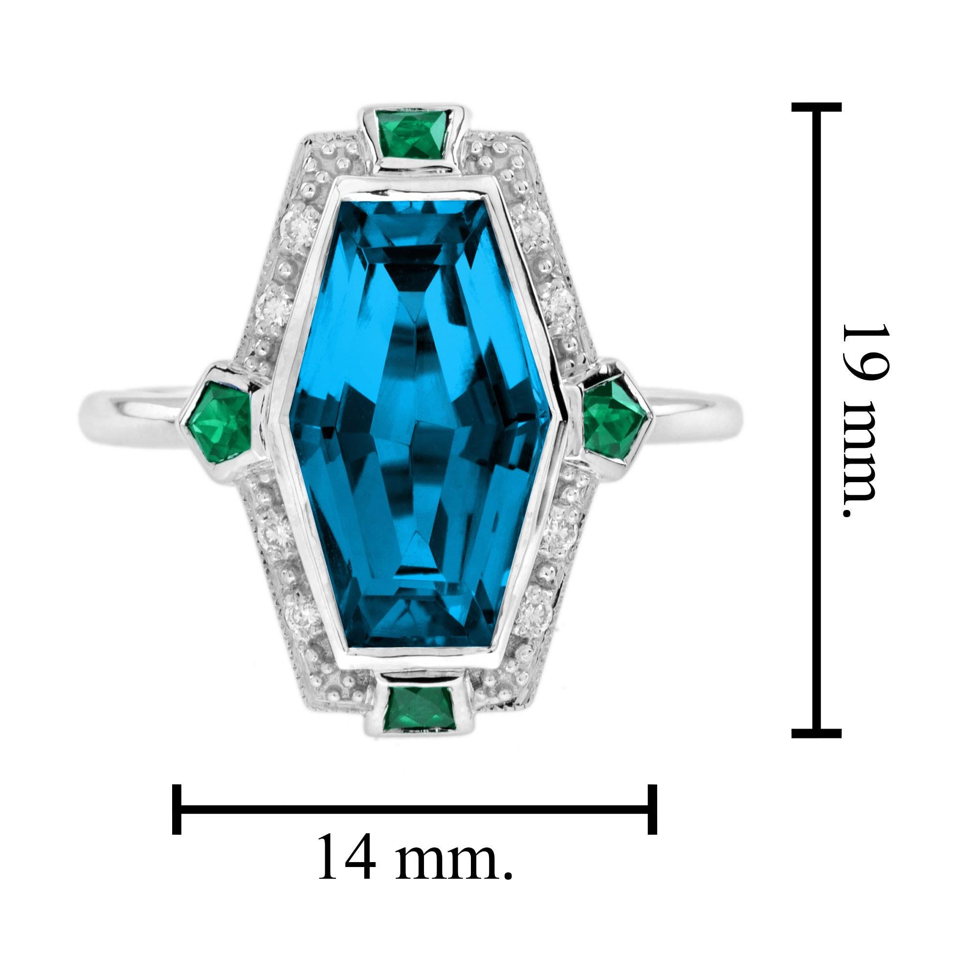 Elongated Hexagon London Blue Topaz Emerald Diamond Ring in 14K White Gold For Sale 1