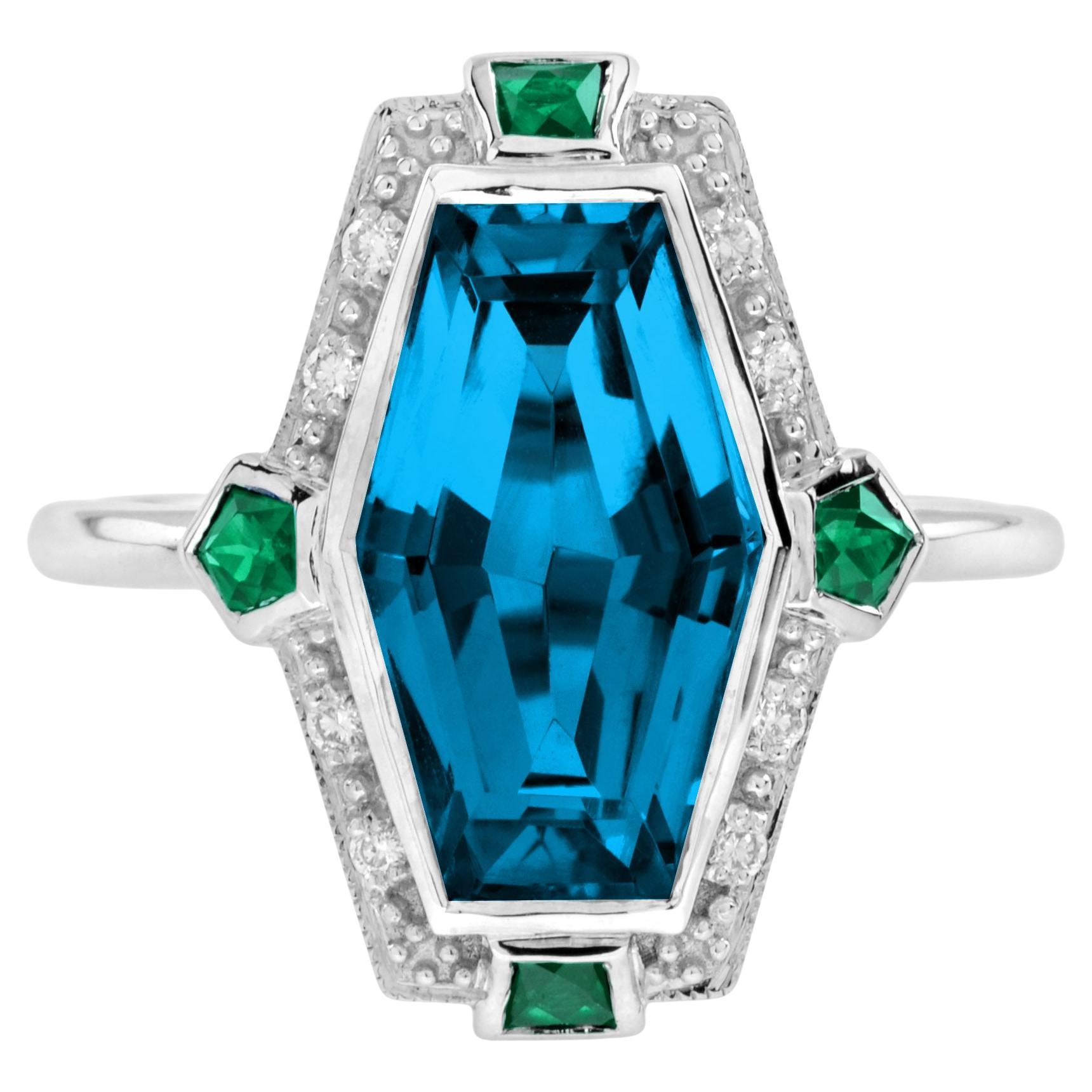 Elongated Hexagon London Blue Topaz Emerald Diamond Ring in 14K White Gold
