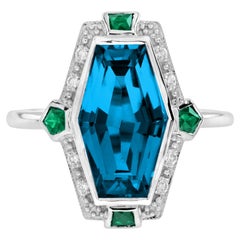 Sechseckiger länglicher Londoner Blauer Topas Smaragd-Diamantring aus 14 Karat Weißgold mit Smaragd