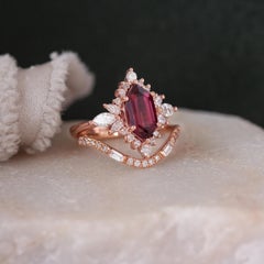 Elongated Hexagon Rhodolite, Marquise Diamond Halo Gemstone Engagement Ring Nora