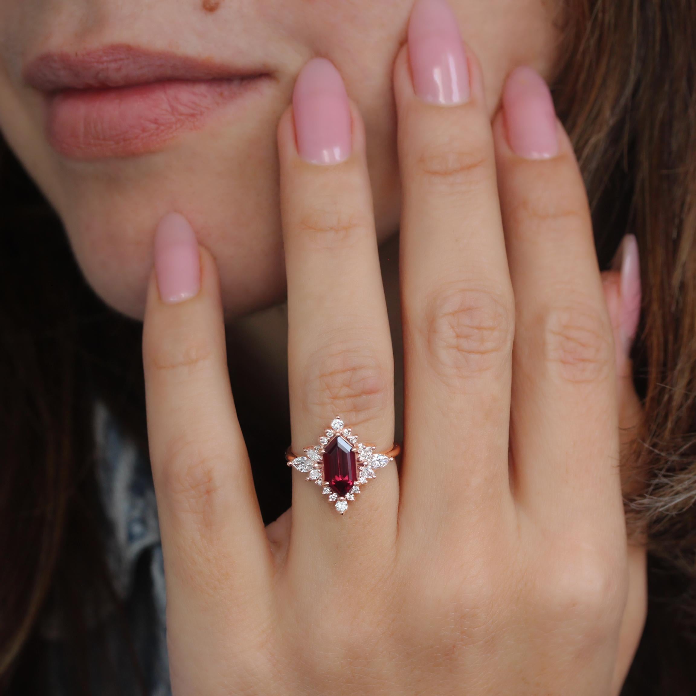 For Sale:  Elongated Hexagon Rhodolite, Marquise Diamond Halo Gemstone Engagement Ring Nora 3