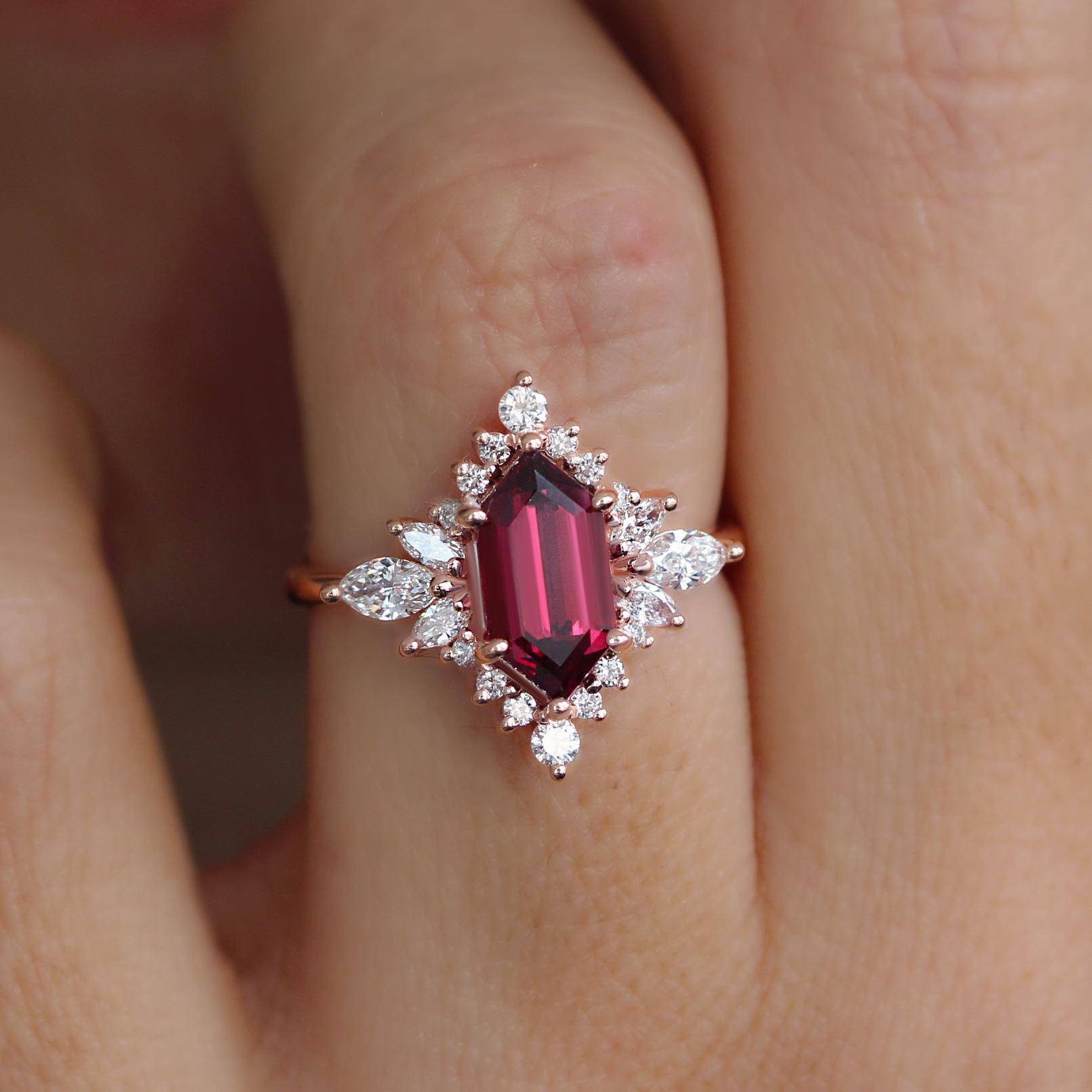 For Sale:  Elongated Hexagon Rhodolite, Marquise Diamond Halo Gemstone Engagement Ring Nora 4