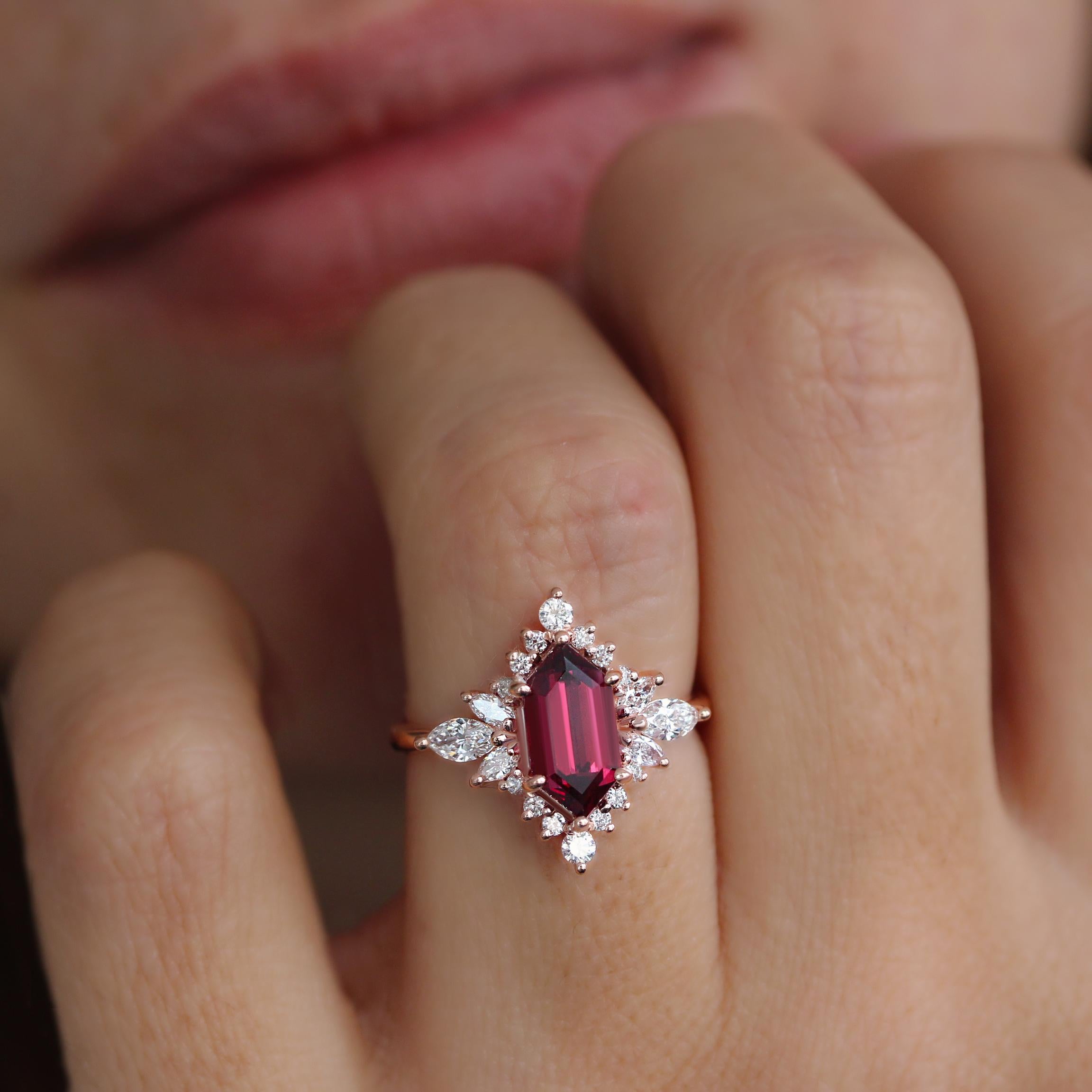 For Sale:  Elongated Hexagon Rhodolite, Marquise Diamond Halo Gemstone Engagement Ring Nora 5