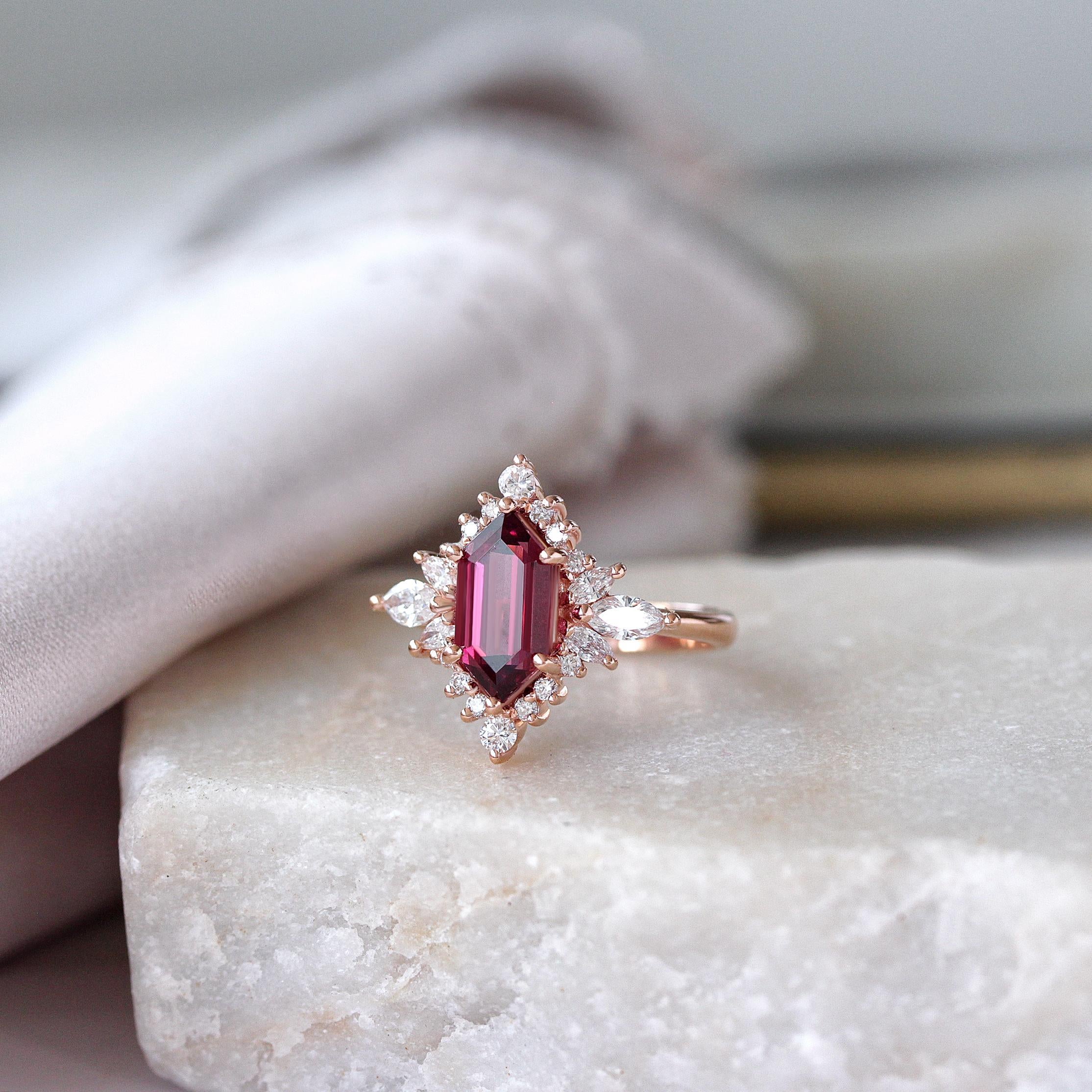 For Sale:  Elongated Hexagon Rhodolite, Marquise Diamond Halo Gemstone Engagement Ring Nora 6