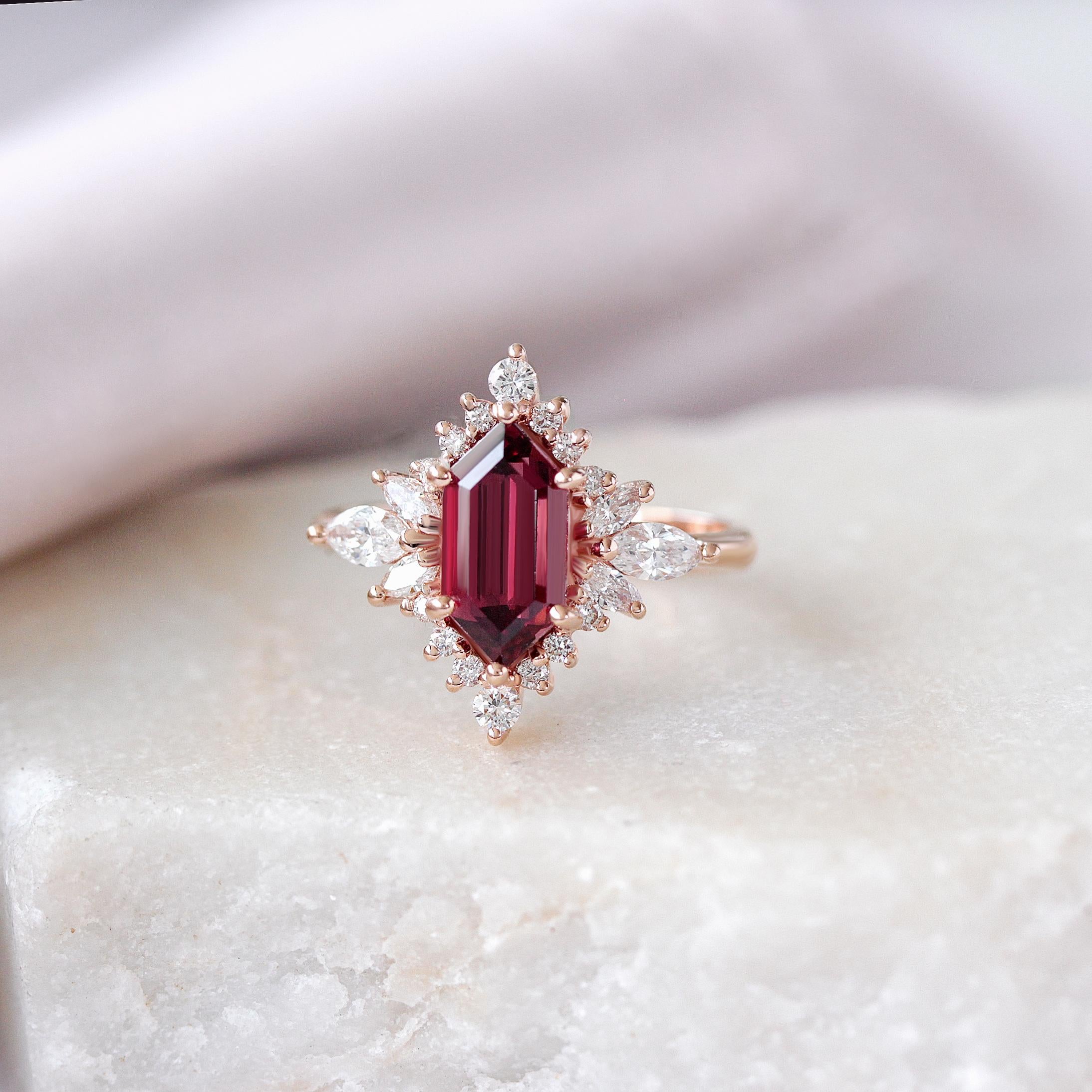 For Sale:  Elongated Hexagon Rhodolite, Marquise Diamond Halo Gemstone Engagement Ring Nora 7