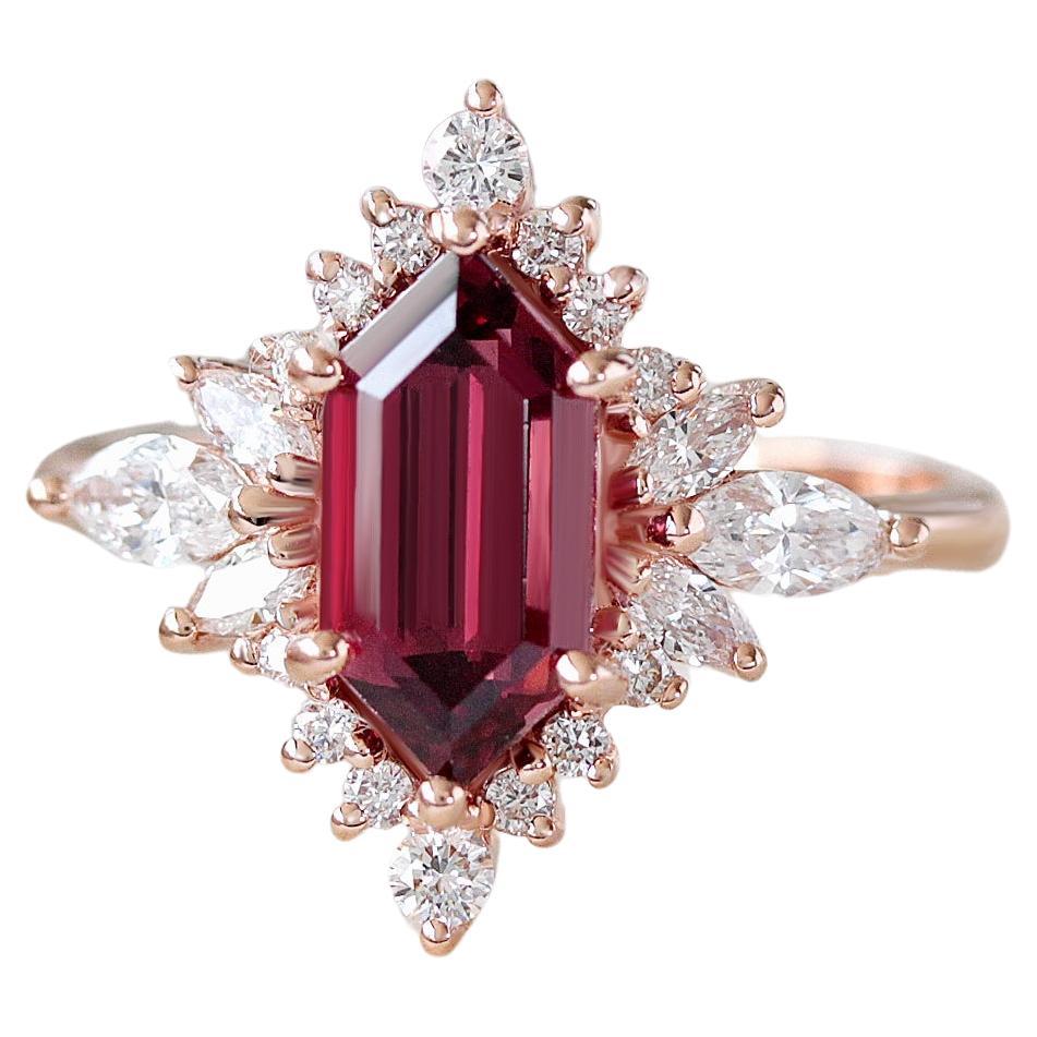 For Sale:  Elongated Hexagon Rhodolite, Marquise Diamond Halo Gemstone Engagement Ring Nora
