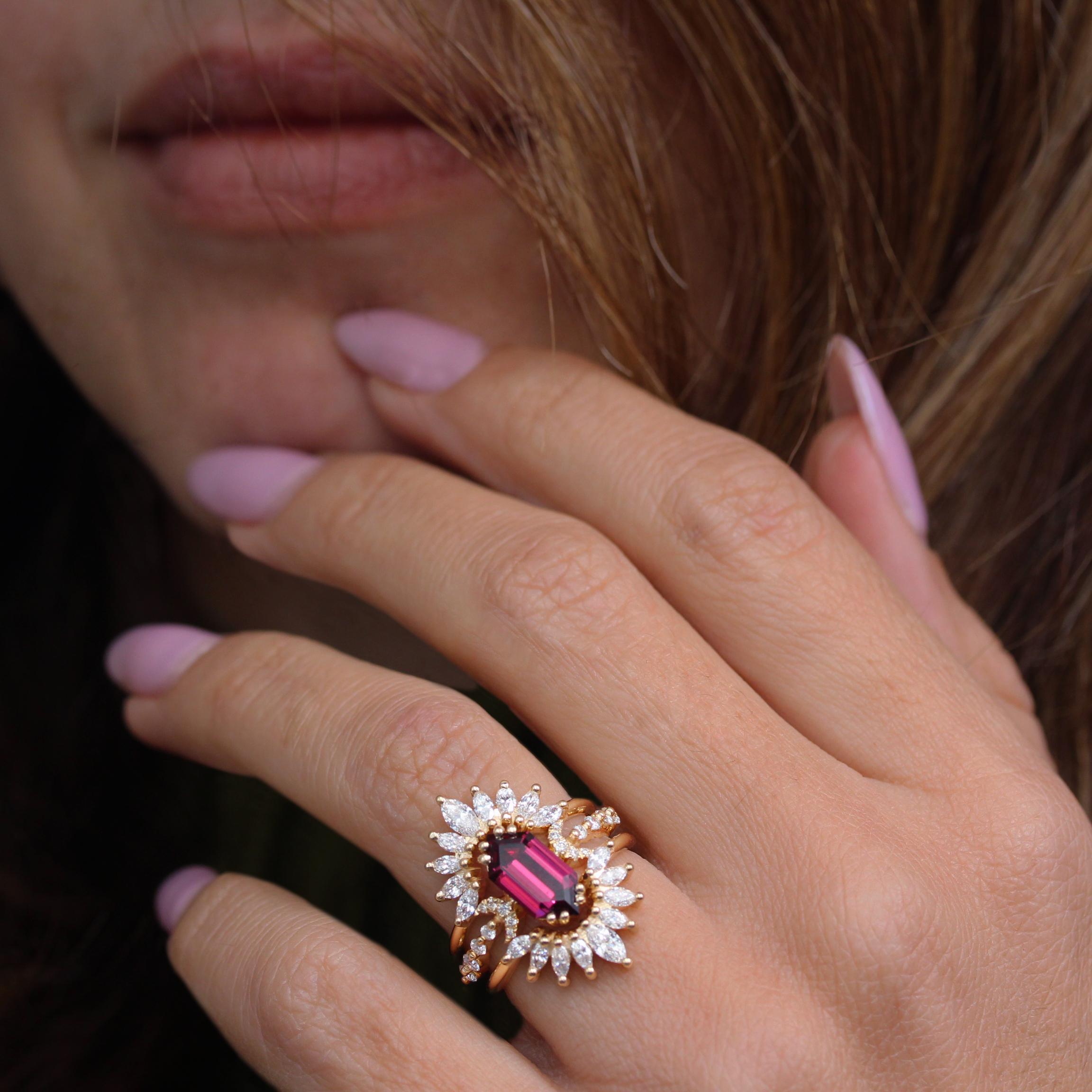 For Sale:  Elongated Hexagon Rhodolite and Sunburst Nesting rings diamonds Three Ring Set 2