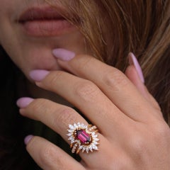 Elongated Hexagon Rhodolite and Sunburst Nesting rings diamonds Three Ring Set