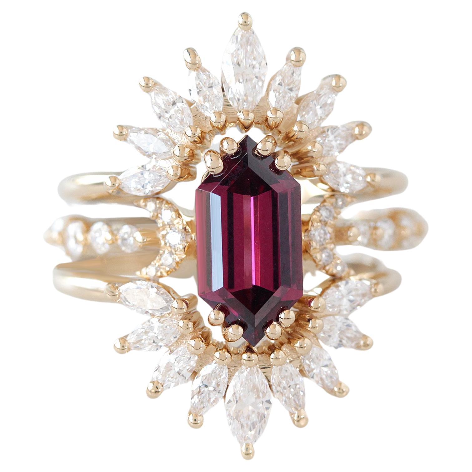 For Sale:  Elongated Hexagon Rhodolite and Sunburst Nesting rings diamonds Three Ring Set