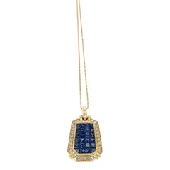 Elongated Hexagonal Mystery Set Sapphire and Diamond Pendant Necklace, 18K Gold