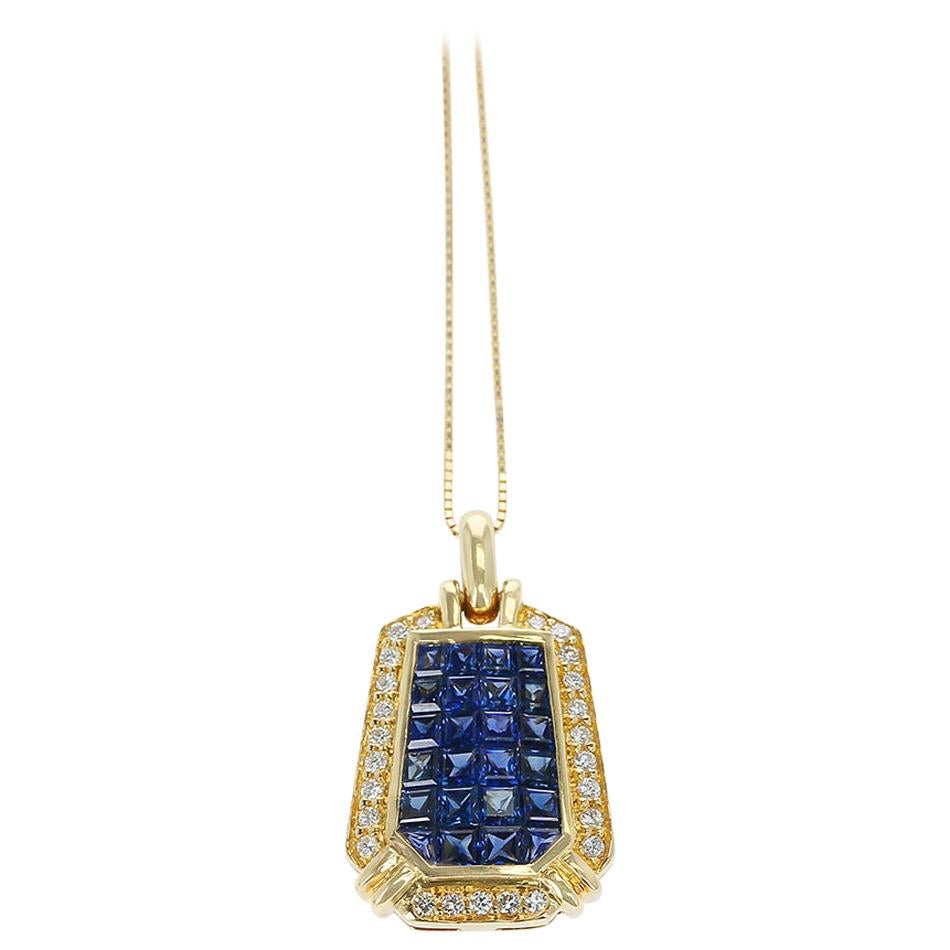 Elongated Hexagonal Mystery Set Sapphire and Diamond Pendant Necklace, 18K Gold