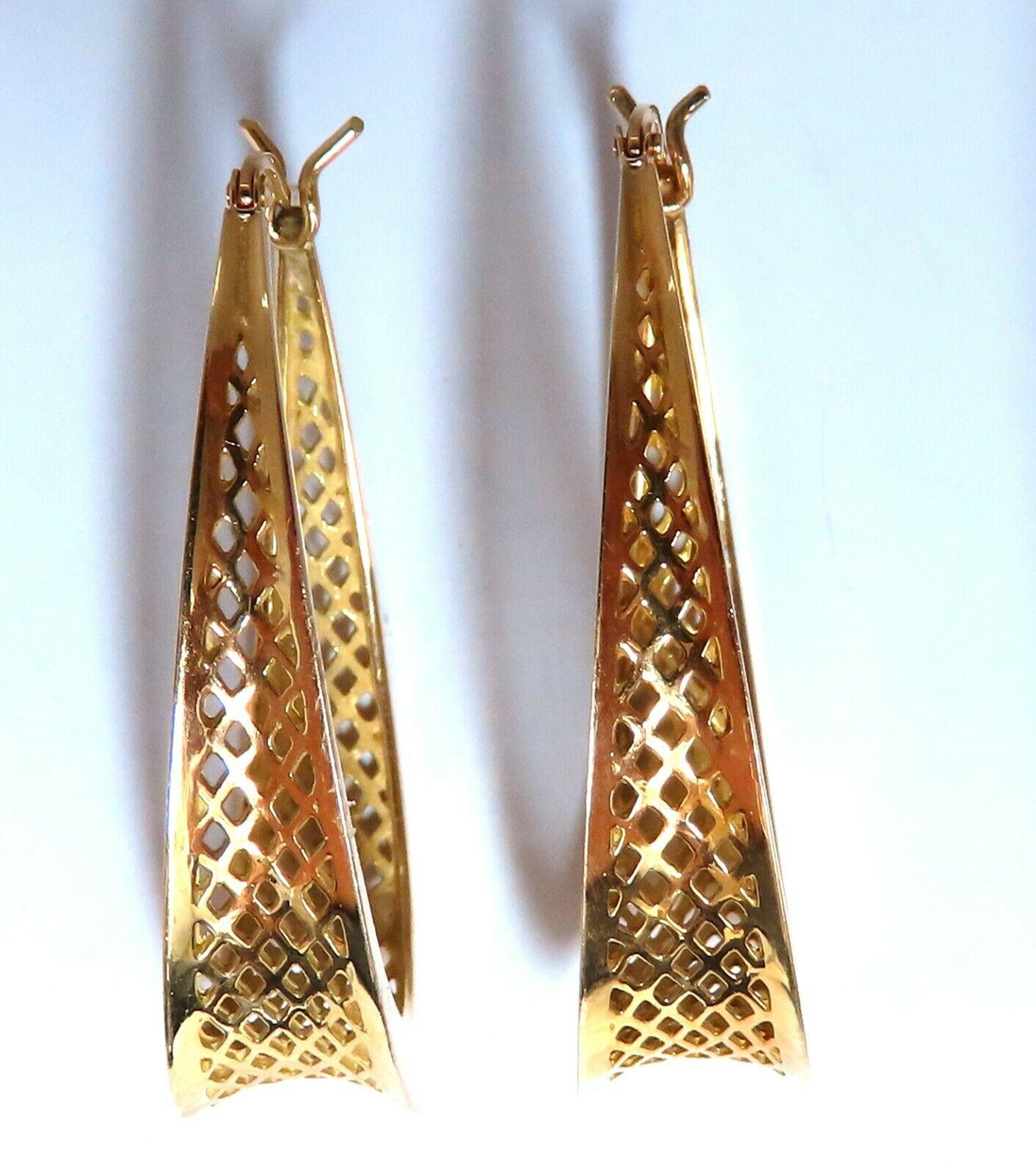 Elongated Mesh Lever Clip Hoop Earrings 14kt Gold For Sale 2