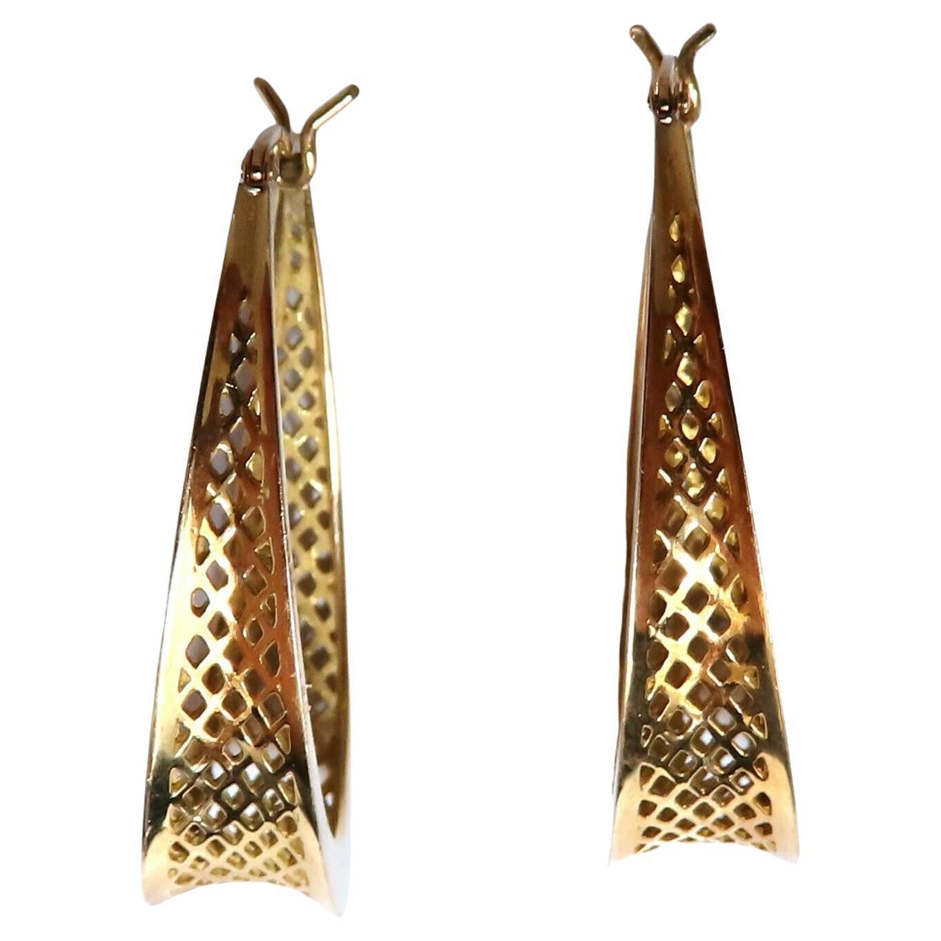 Elongated Mesh Lever Clip Hoop Earrings 14kt Gold For Sale