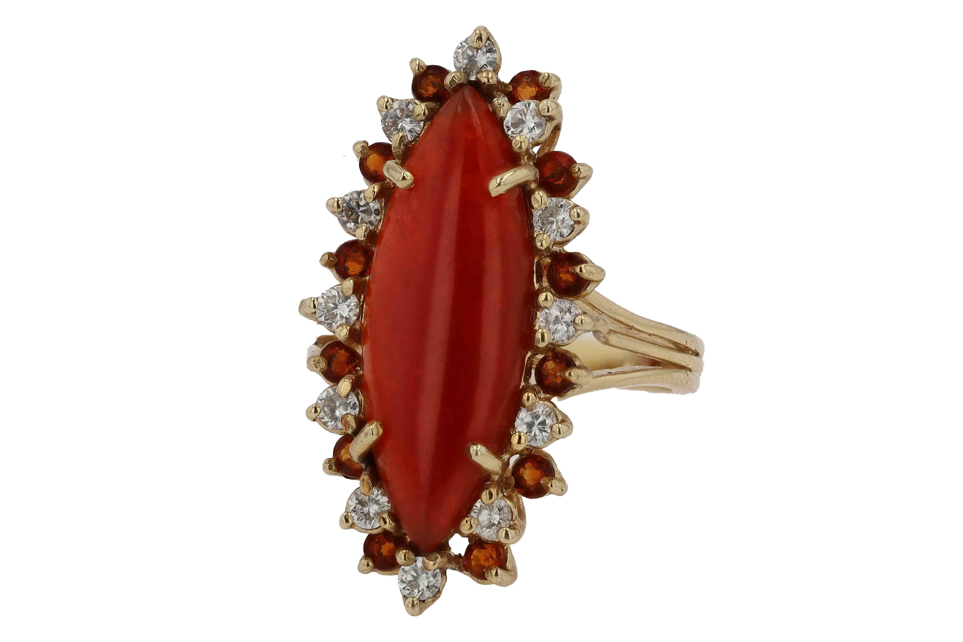 Elongated Mid Century Carnelian Diamond Citrine Cocktail Ring In Good Condition For Sale In Santa Barbara, CA