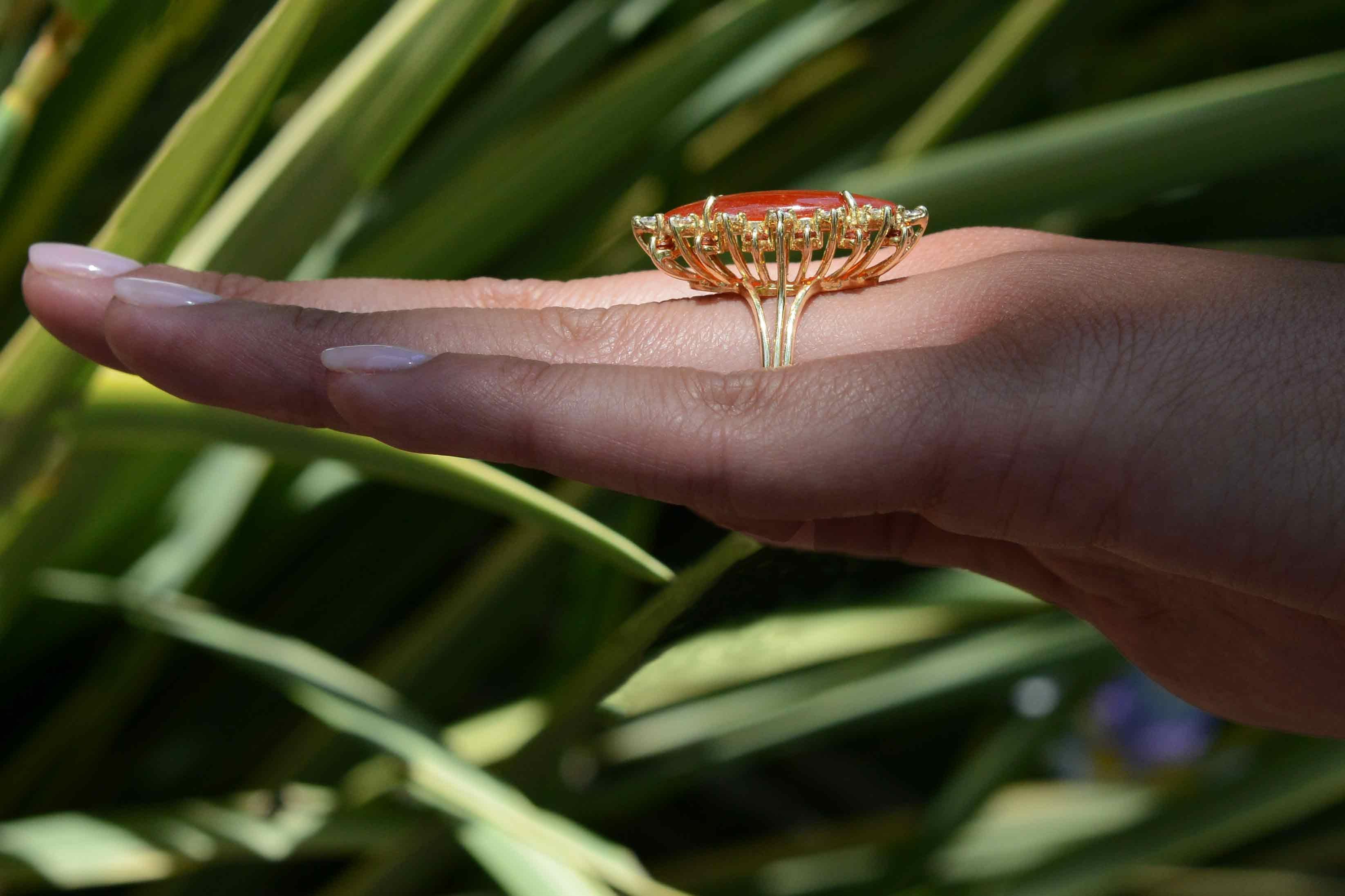 Retro Elongated Mid Century Carnelian Diamond Citrine Cocktail Ring For Sale