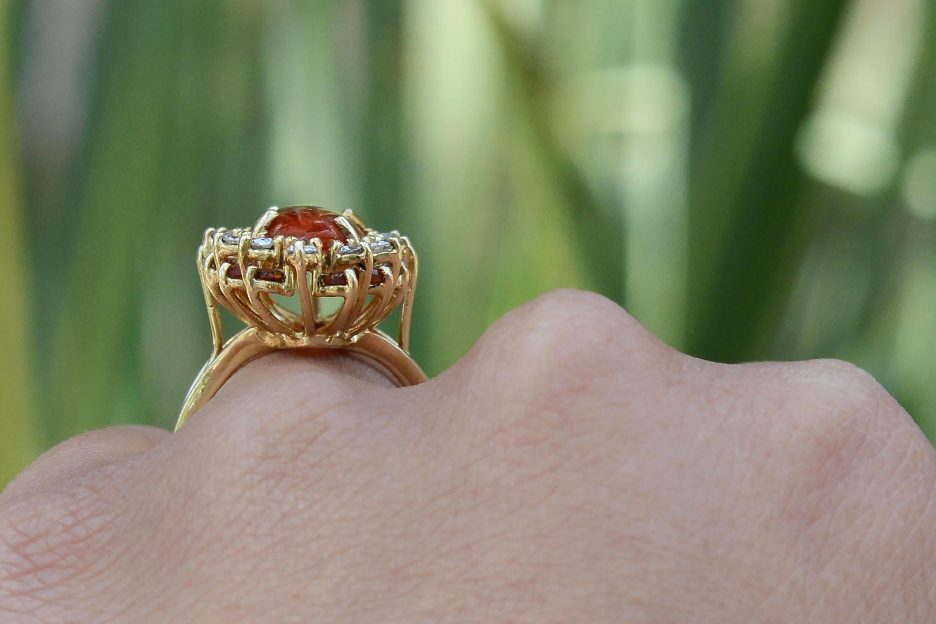 Marquise Cut Elongated Mid Century Carnelian Diamond Citrine Cocktail Ring For Sale