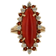 Used Elongated Mid Century Carnelian Diamond Citrine Cocktail Ring