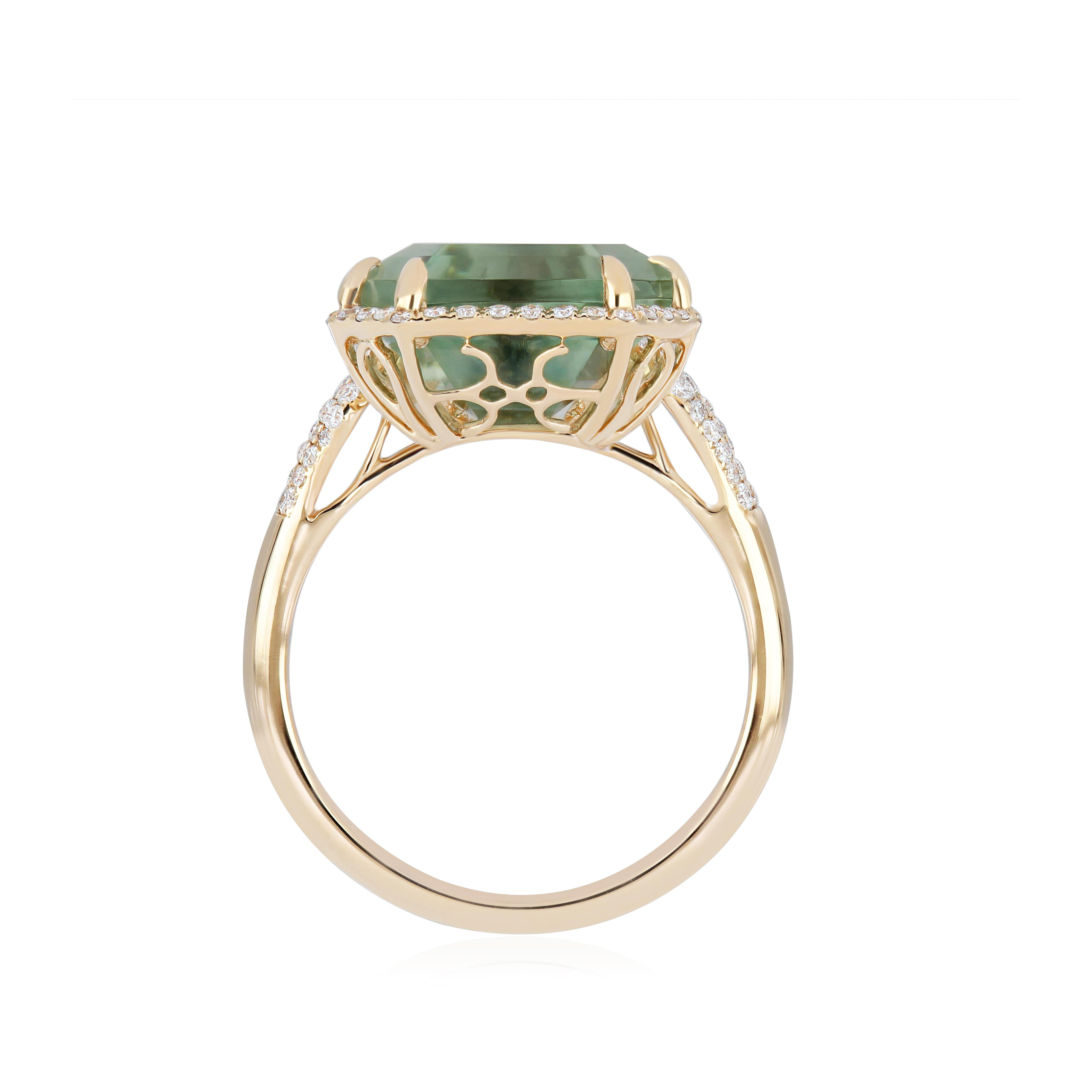 For Sale:  Elongated Mint Quartz and Diamond Ring in 14k Yellow Gold Hand-Craft Ring 4
