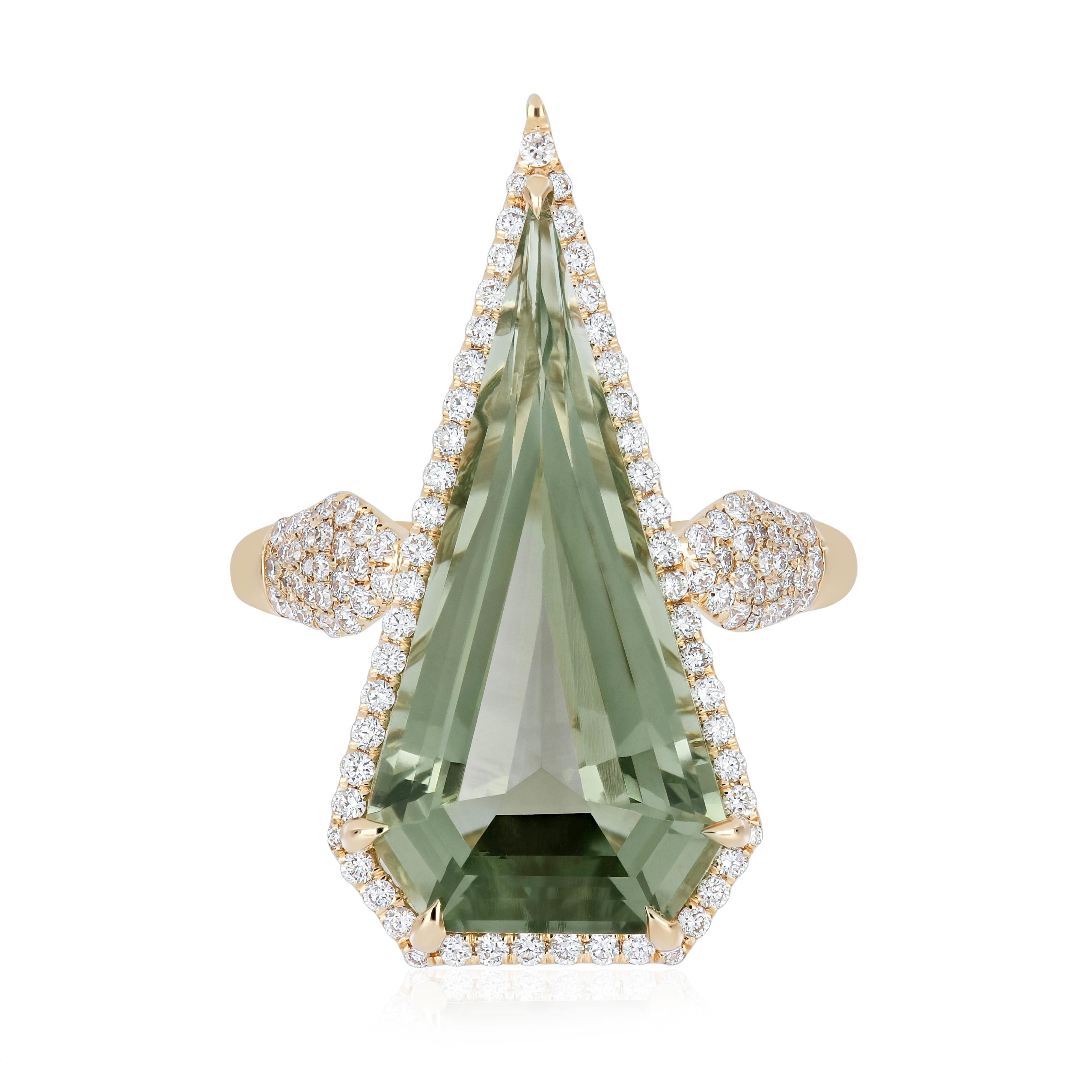 For Sale:  Elongated Mint Quartz and Diamond Ring in 14k Yellow Gold Hand-Craft Ring 7