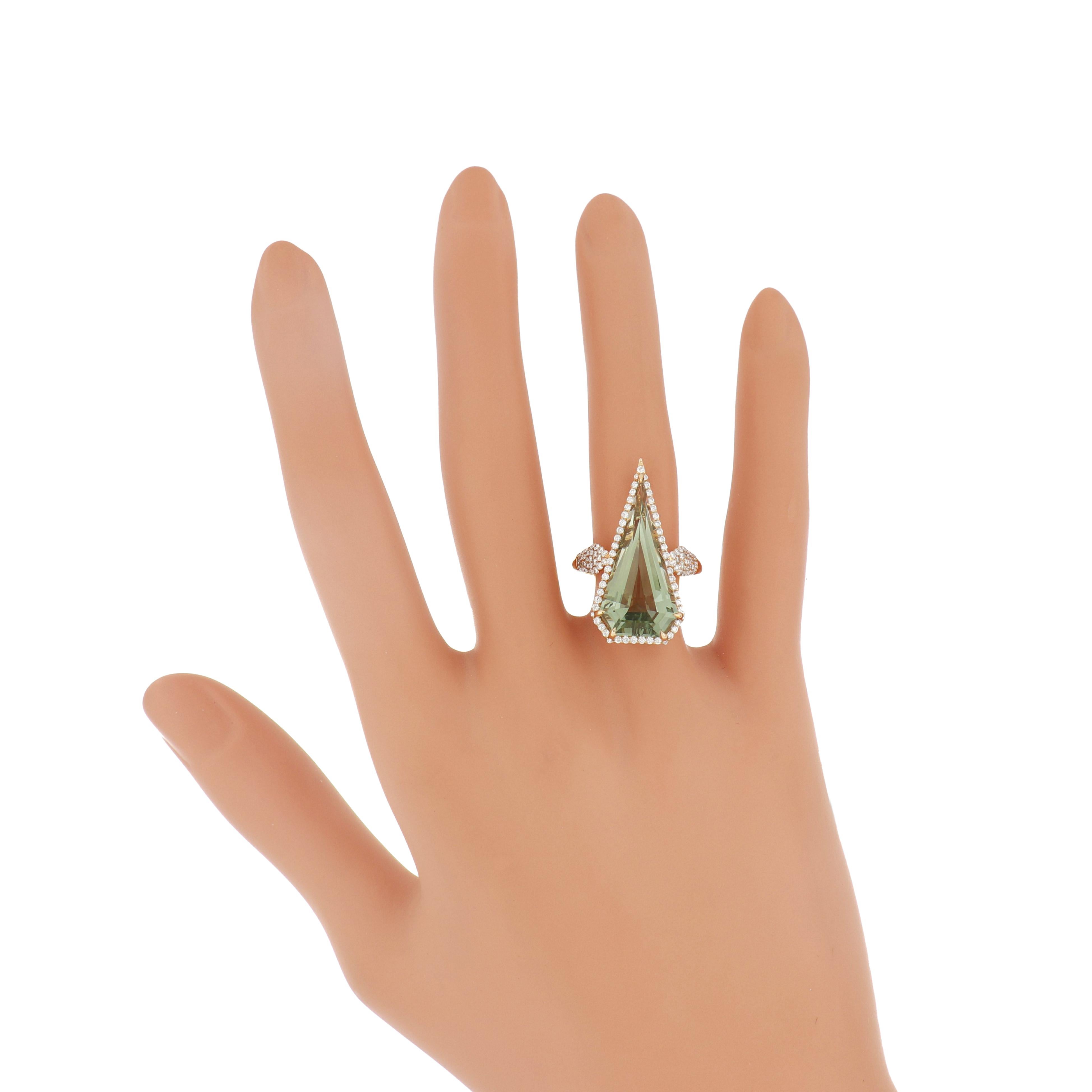 For Sale:  Elongated Mint Quartz and Diamond Ring in 14k Yellow Gold Hand-Craft Ring 5