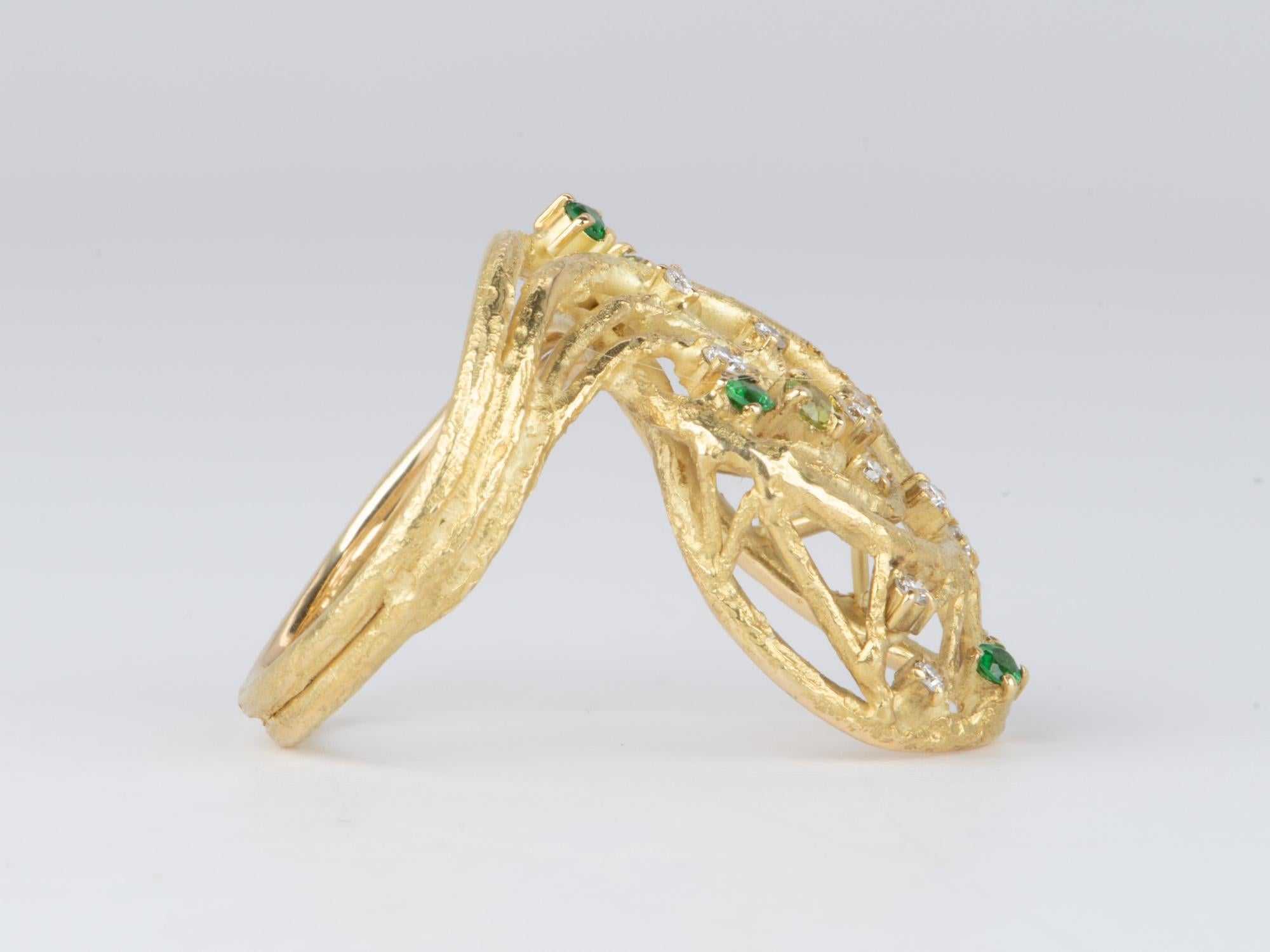 Uncut Elongated Modernist Ring with Diamond and Tsavorite 18K Gold 9g V1121 For Sale
