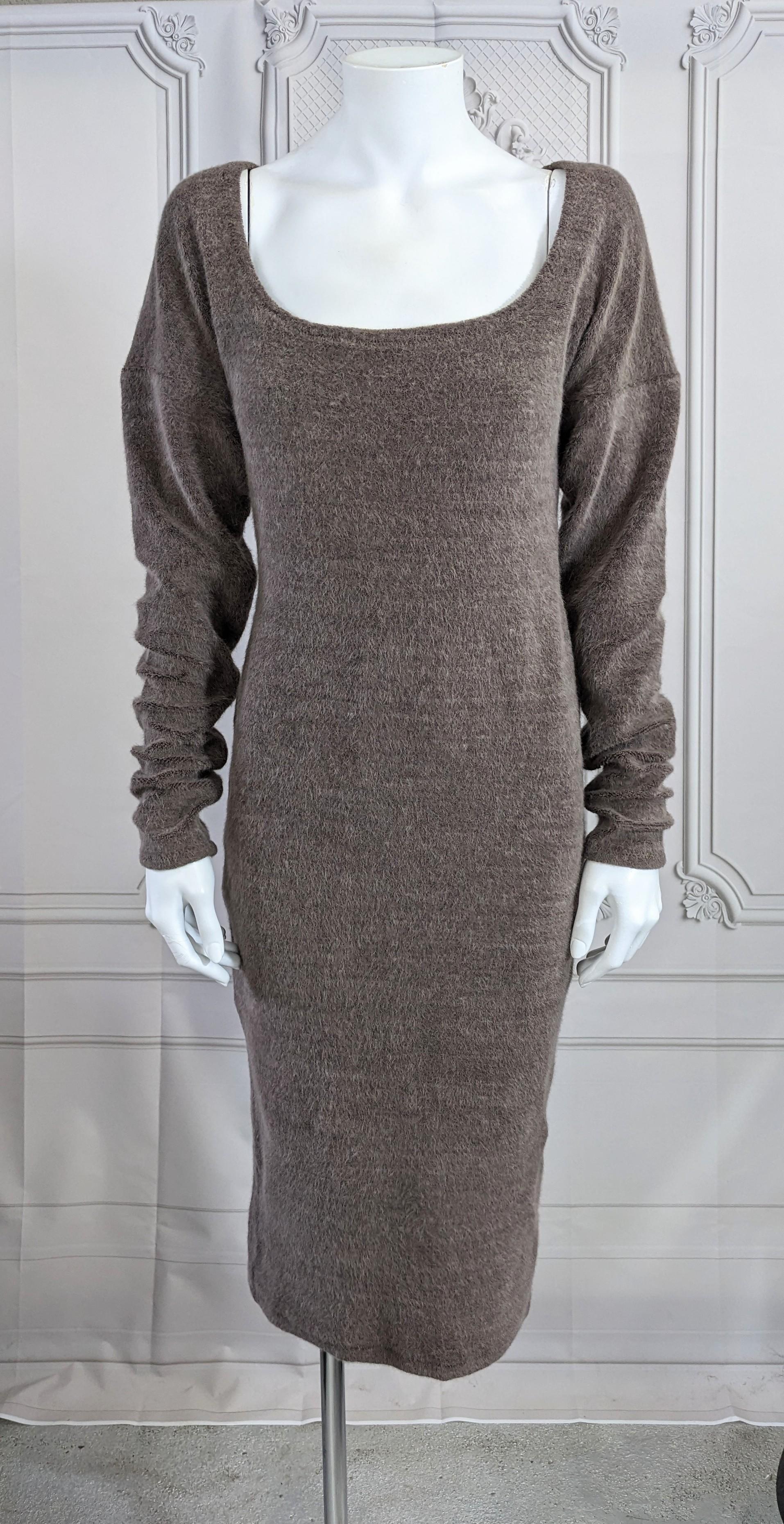 Elongated Mohair Mohair Wool Blend Terry Cloth Wiggle Dress, Studio VL circa 1990's. Wide scoop neckline with drop shoulders and elongated tight sleeves designed to scrunch up at wrist. Italian soft stretch blended wool. Small size, Approximately