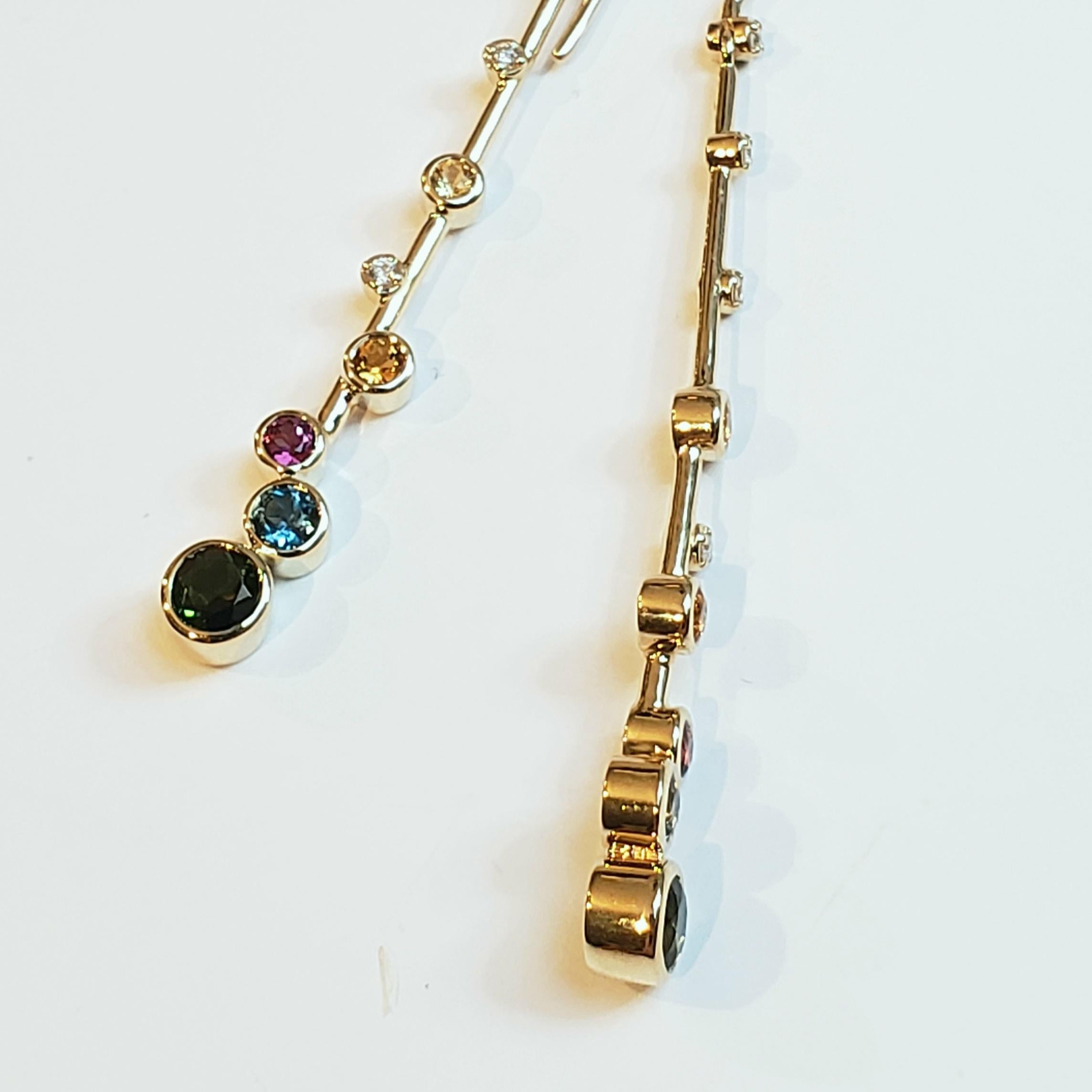 Contemporary Elongated Multi-Color Gemstone Constellation Earrings in 14k Gold with Diamonds