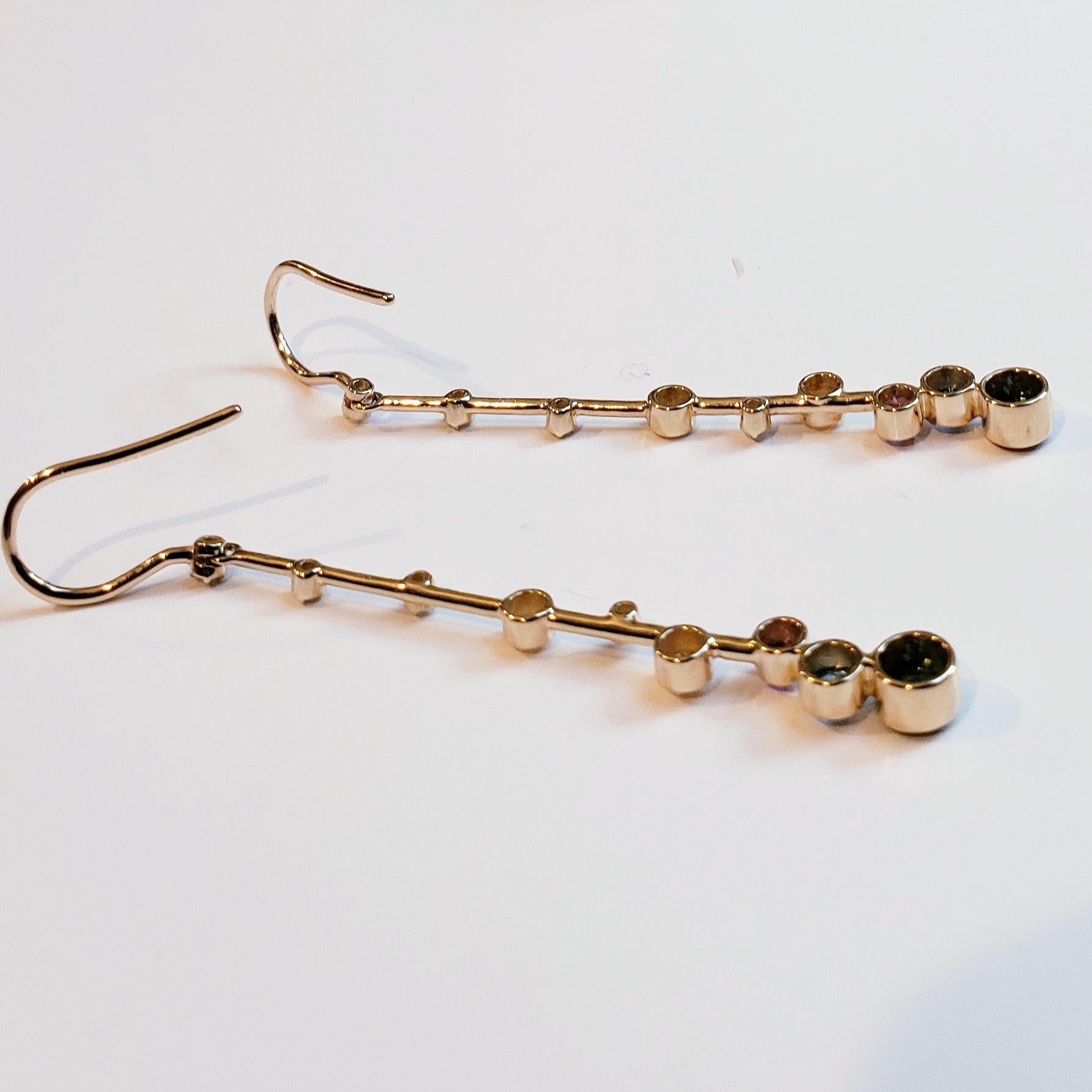 Elongated Multi-Color Gemstone Constellation Earrings in 14k Gold with Diamonds In New Condition In Carlisle, MA