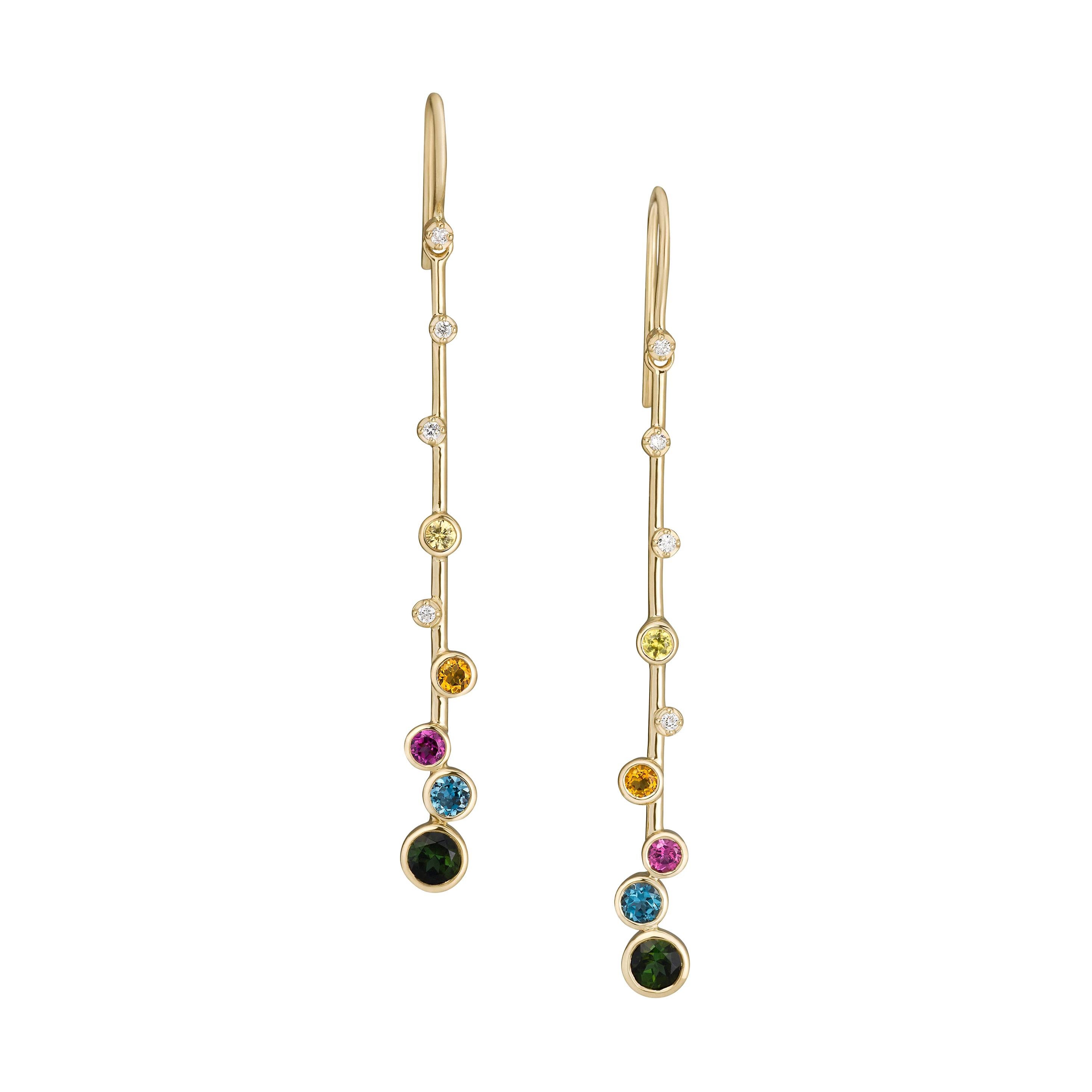Elongated Multi-Color Gemstone Constellation Earrings in 14k Gold with Diamonds