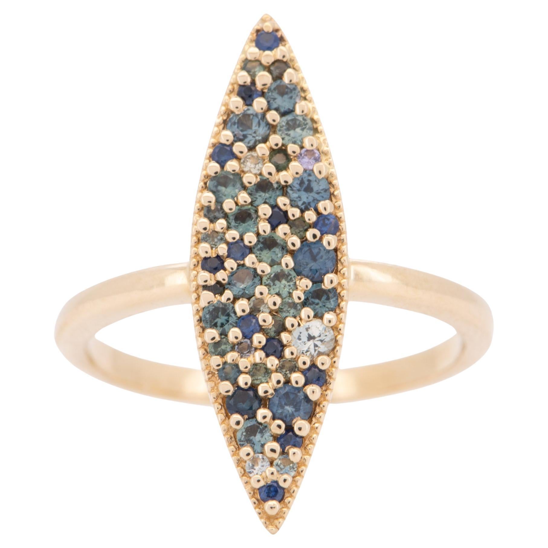 Elongated Navette Ring with Cluster Sapphire 14K Gold R6707 For Sale