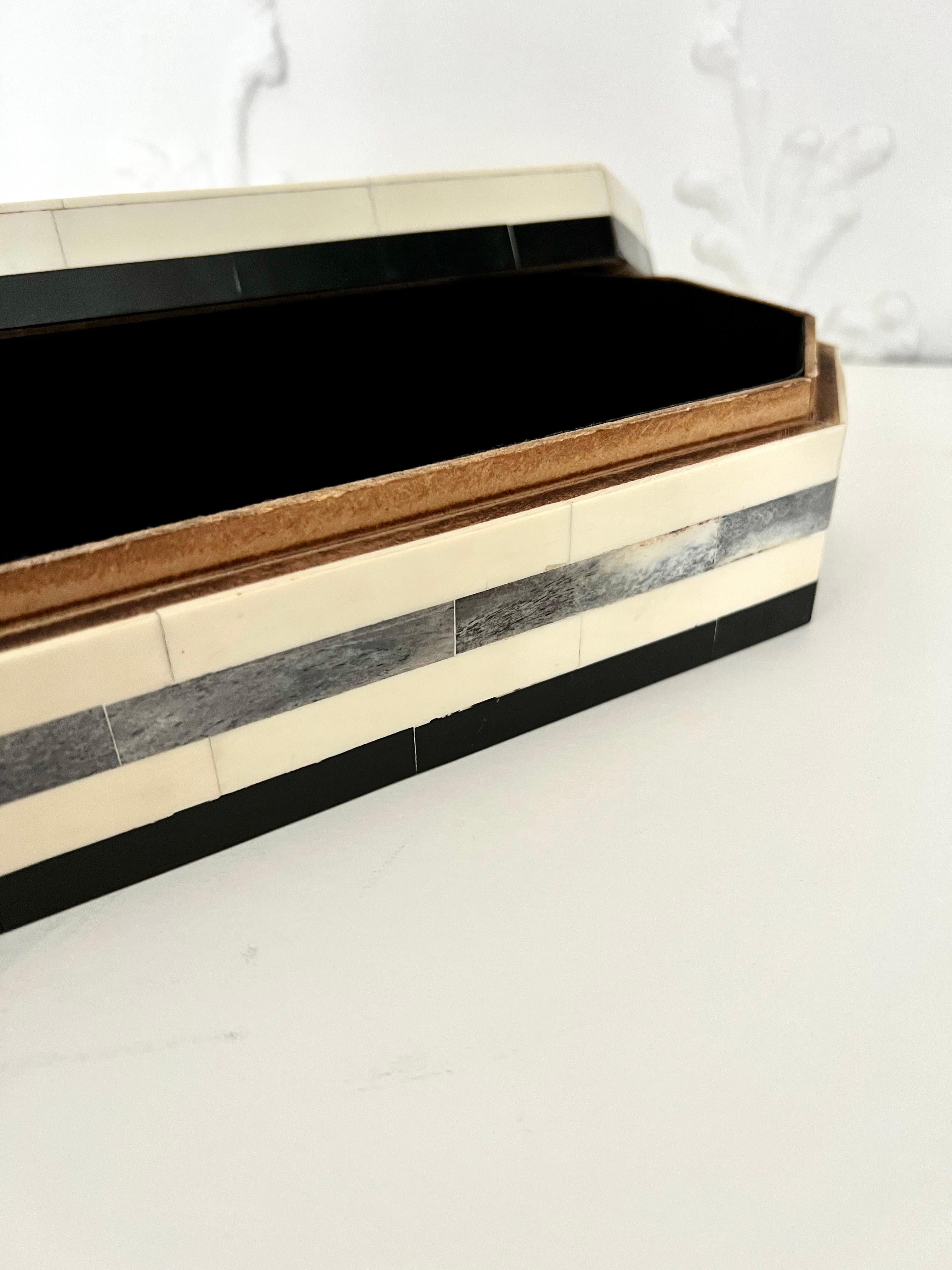 Hand-Crafted Elongated Octagonal Lidded Tessellated Bone Box in the Style of Enrique Garcel For Sale
