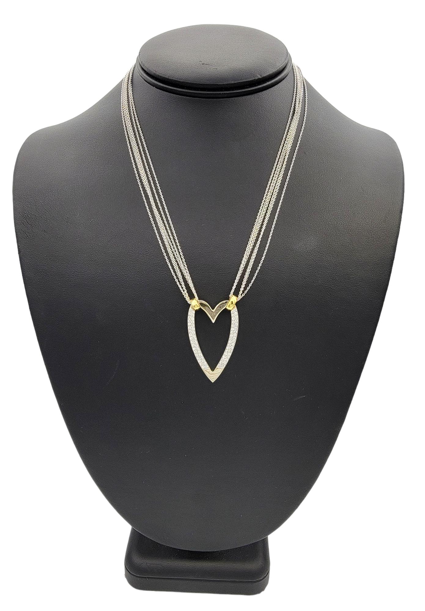 Collana a più fili con cuore aperto allungato e diamanti in oro bicolore 18 carati in vendita 1
