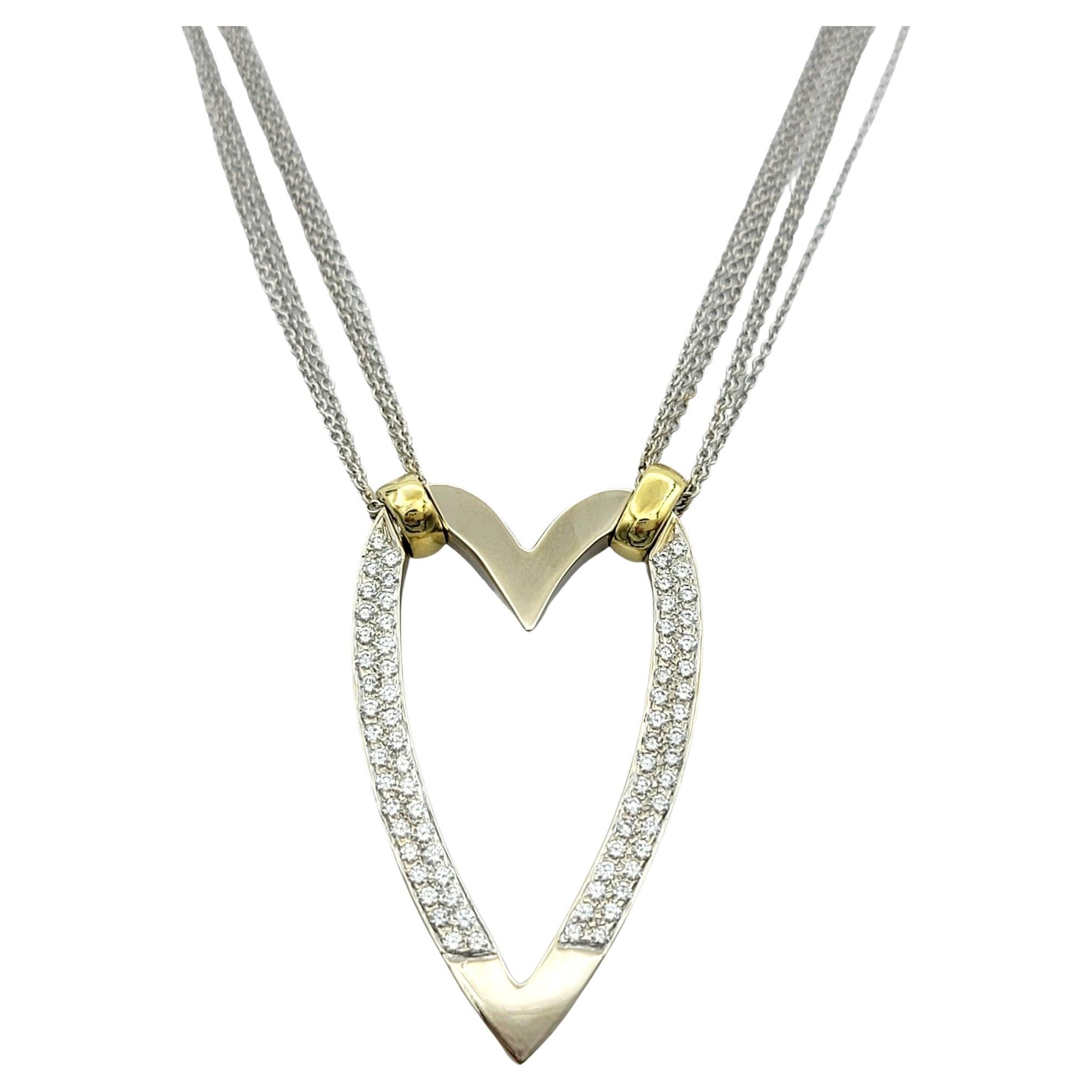 Collier multibrins en or bicolore 18 carats avec cœurs ouverts allongés et diamants
