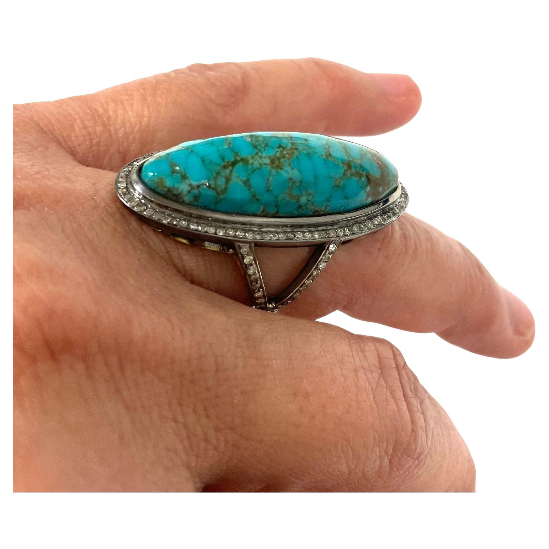 Artisan Elongated Oval Arizona Turquoise With Pave Diamonds Paradizia Ring For Sale