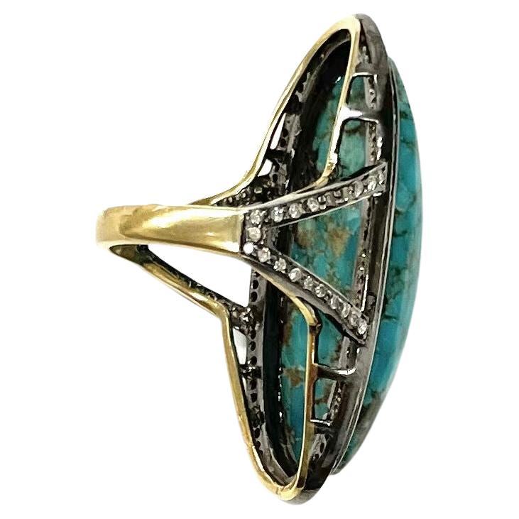 Cabochon Elongated Oval Arizona Turquoise With Pave Diamonds Paradizia Ring For Sale