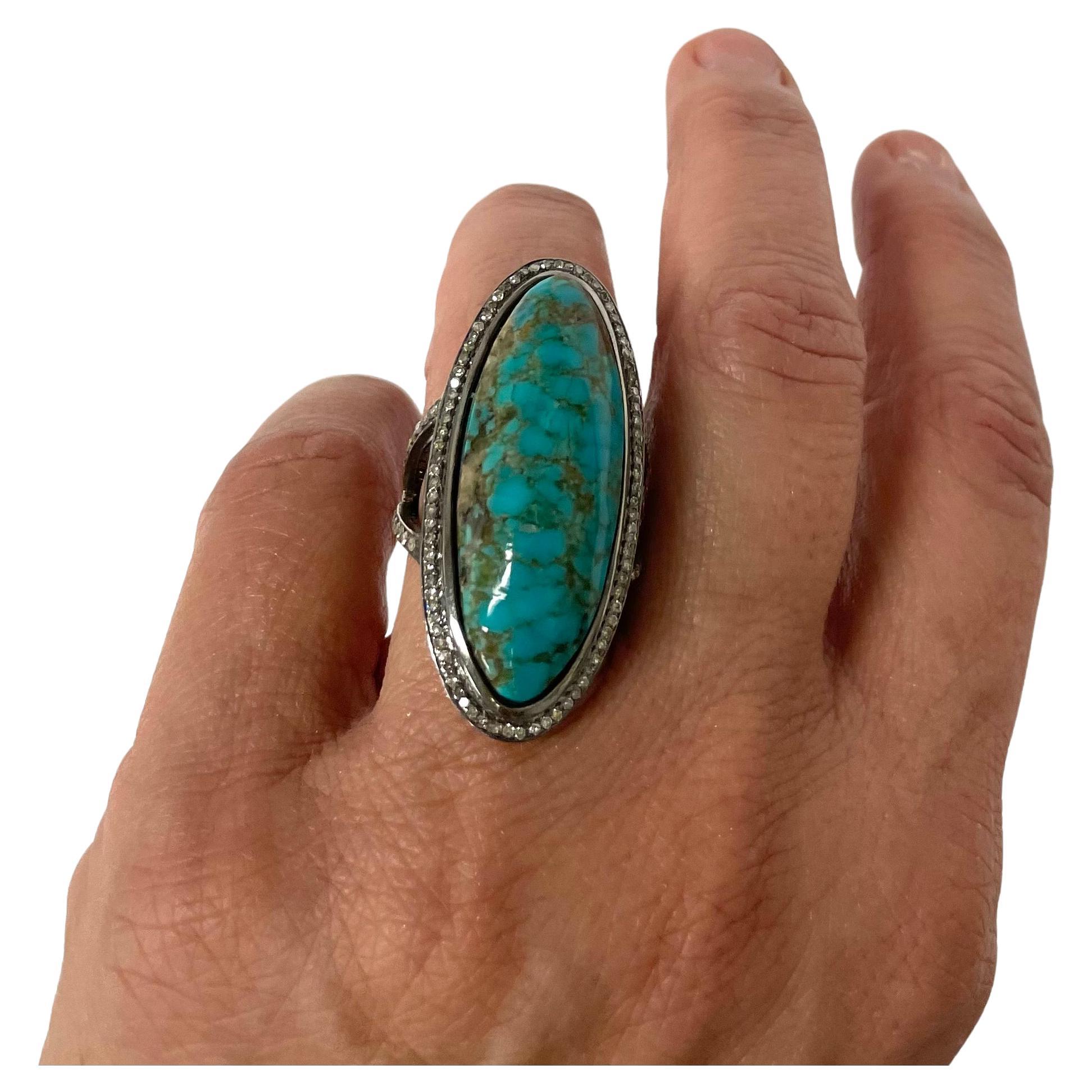Elongated Oval Arizona Turquoise With Pave Diamonds Paradizia Ring In New Condition For Sale In Laguna Beach, CA