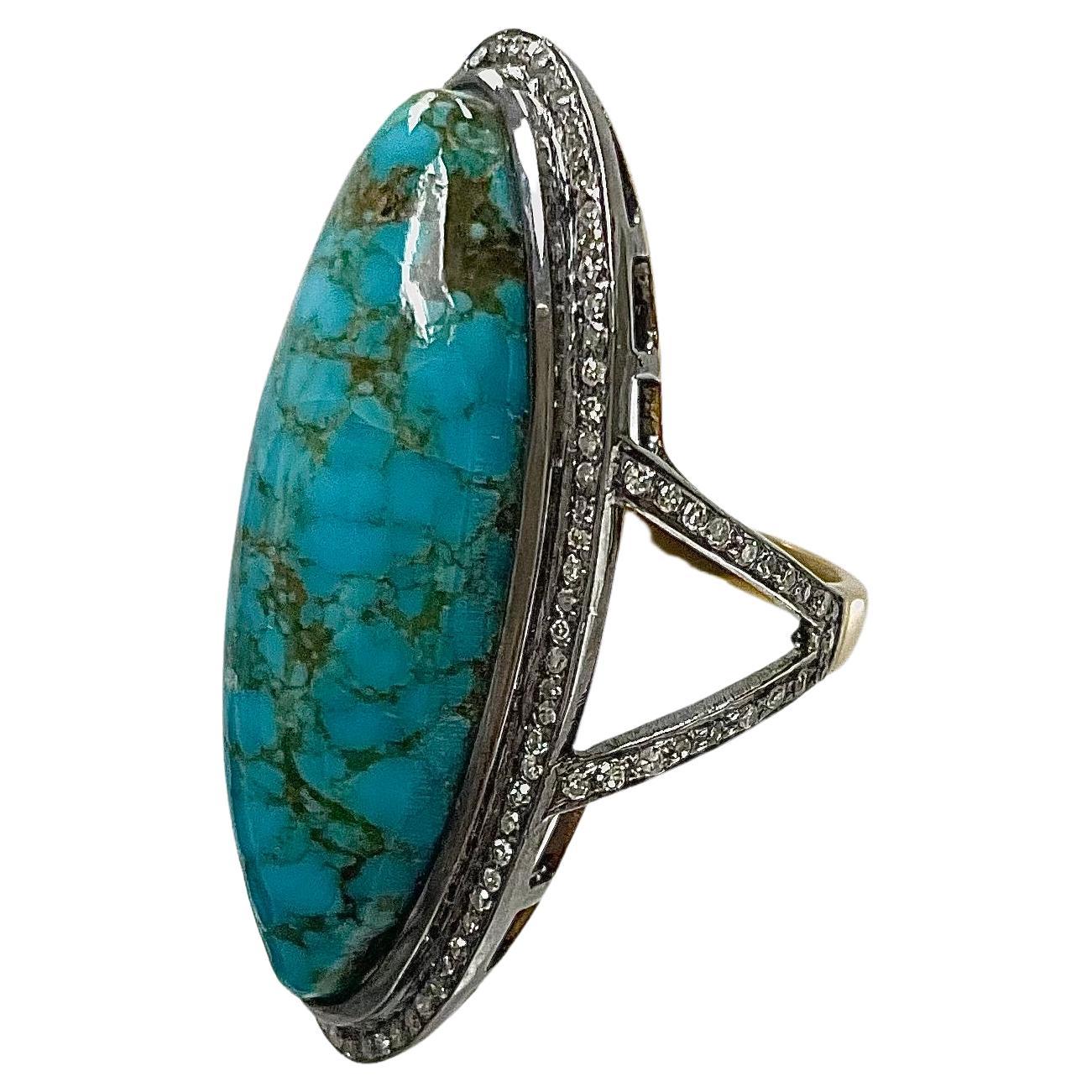 Women's Elongated Oval Arizona Turquoise With Pave Diamonds Paradizia Ring For Sale