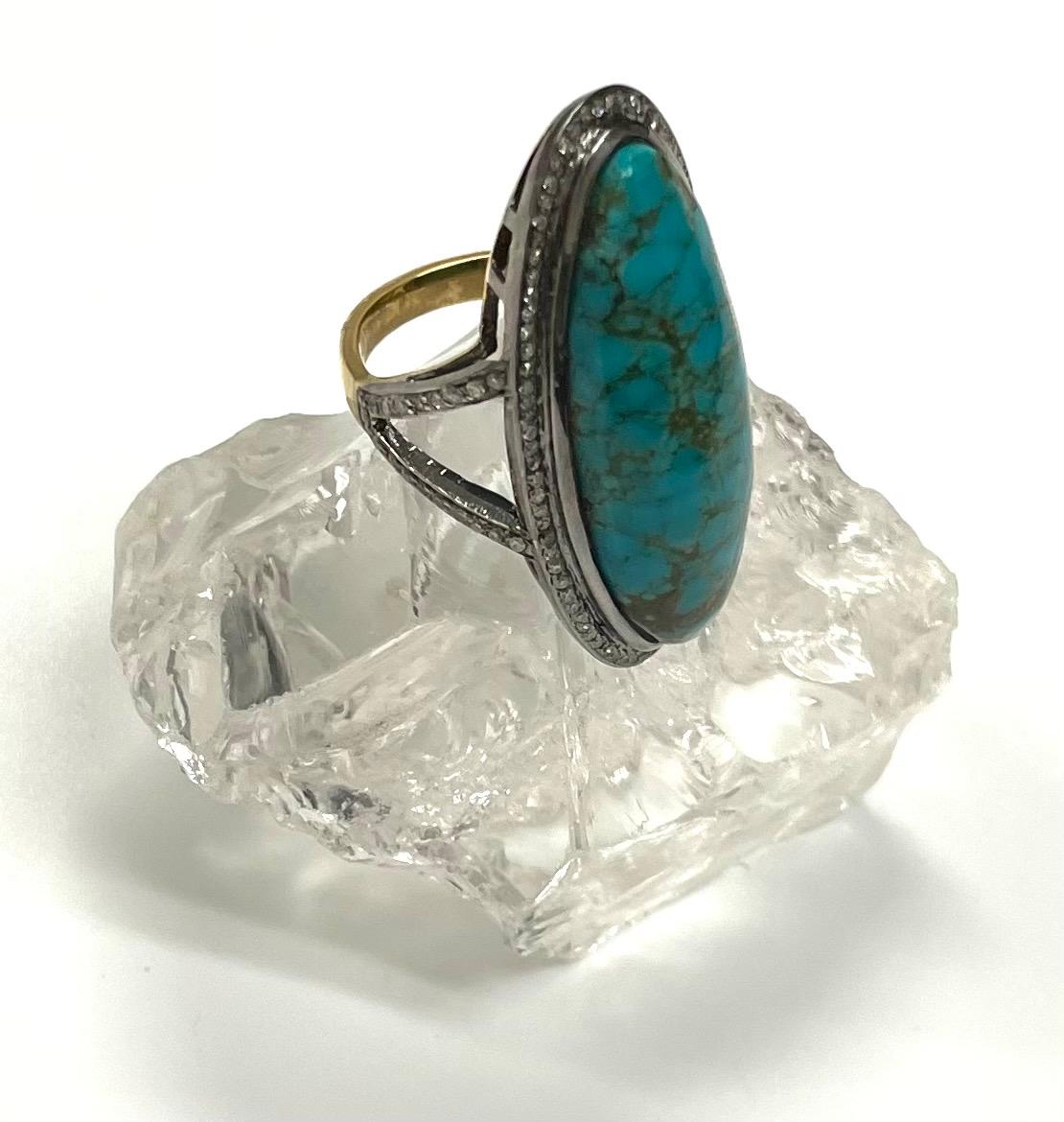 Elongated Oval Arizona Turquoise With Pave Diamonds Paradizia Ring For Sale 1
