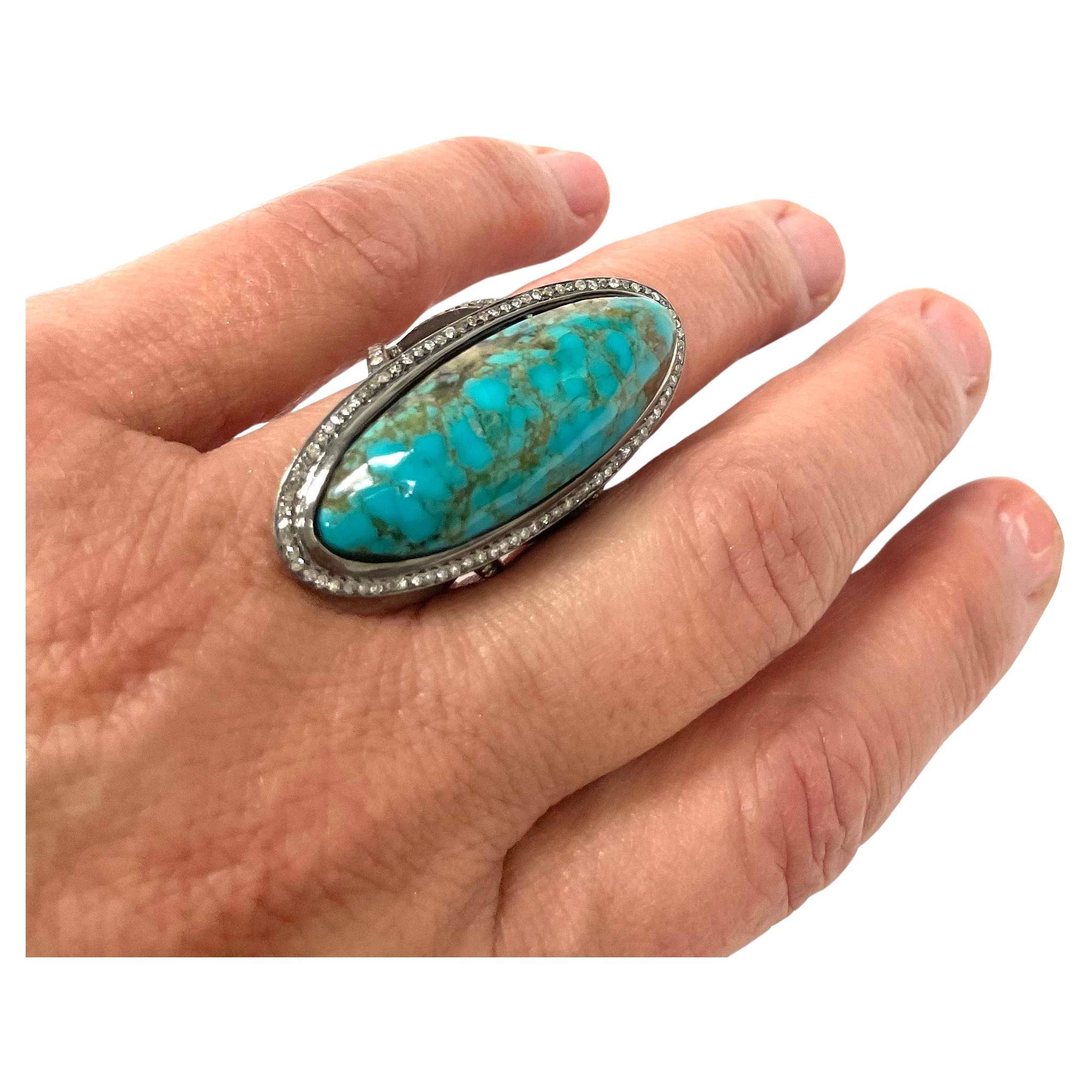 Elongated Oval Arizona Turquoise With Pave Diamonds Paradizia Ring For Sale 2
