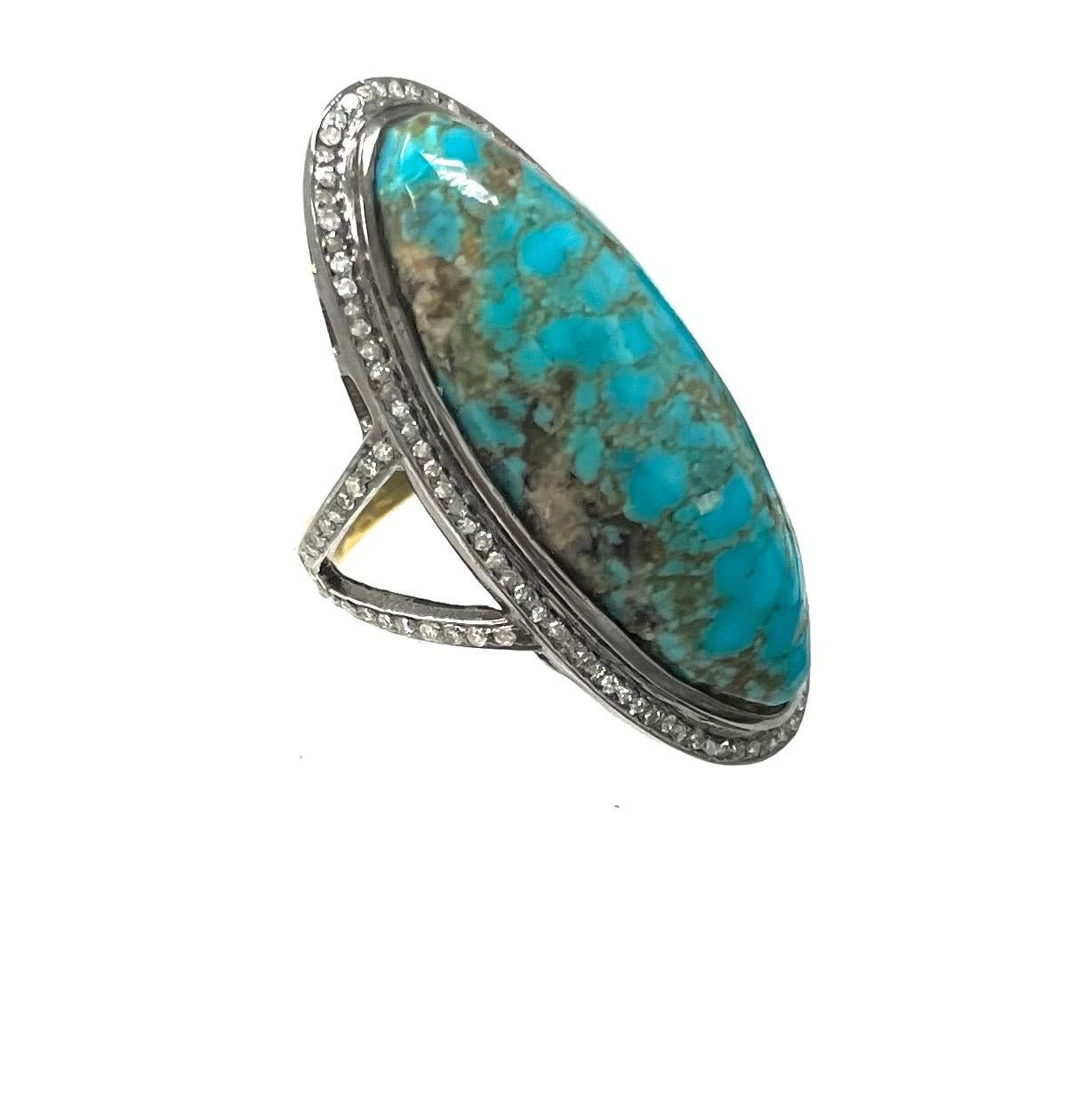 Elongated Oval Arizona Turquoise With Pave Diamonds Paradizia Ring For Sale 3