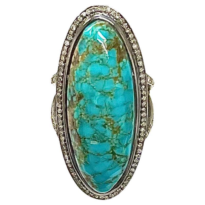 Elongated Oval Arizona Turquoise With Pave Diamonds Paradizia Ring For Sale