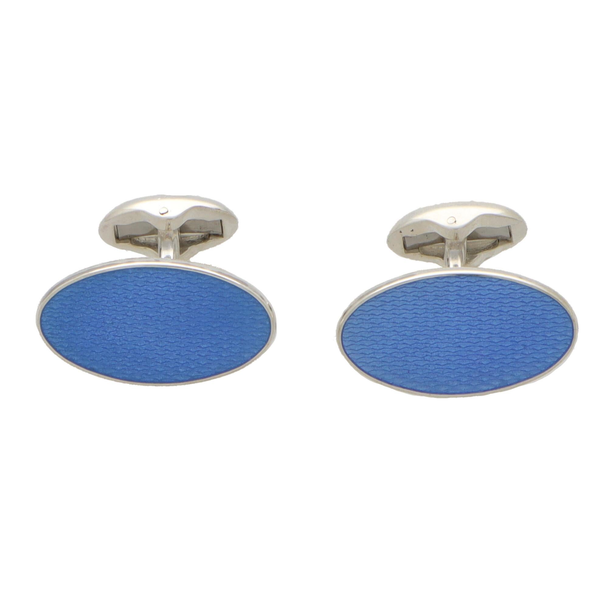 Modern Elongated Oval Blue Enamel Cufflinks in British Sterling Silver For Sale