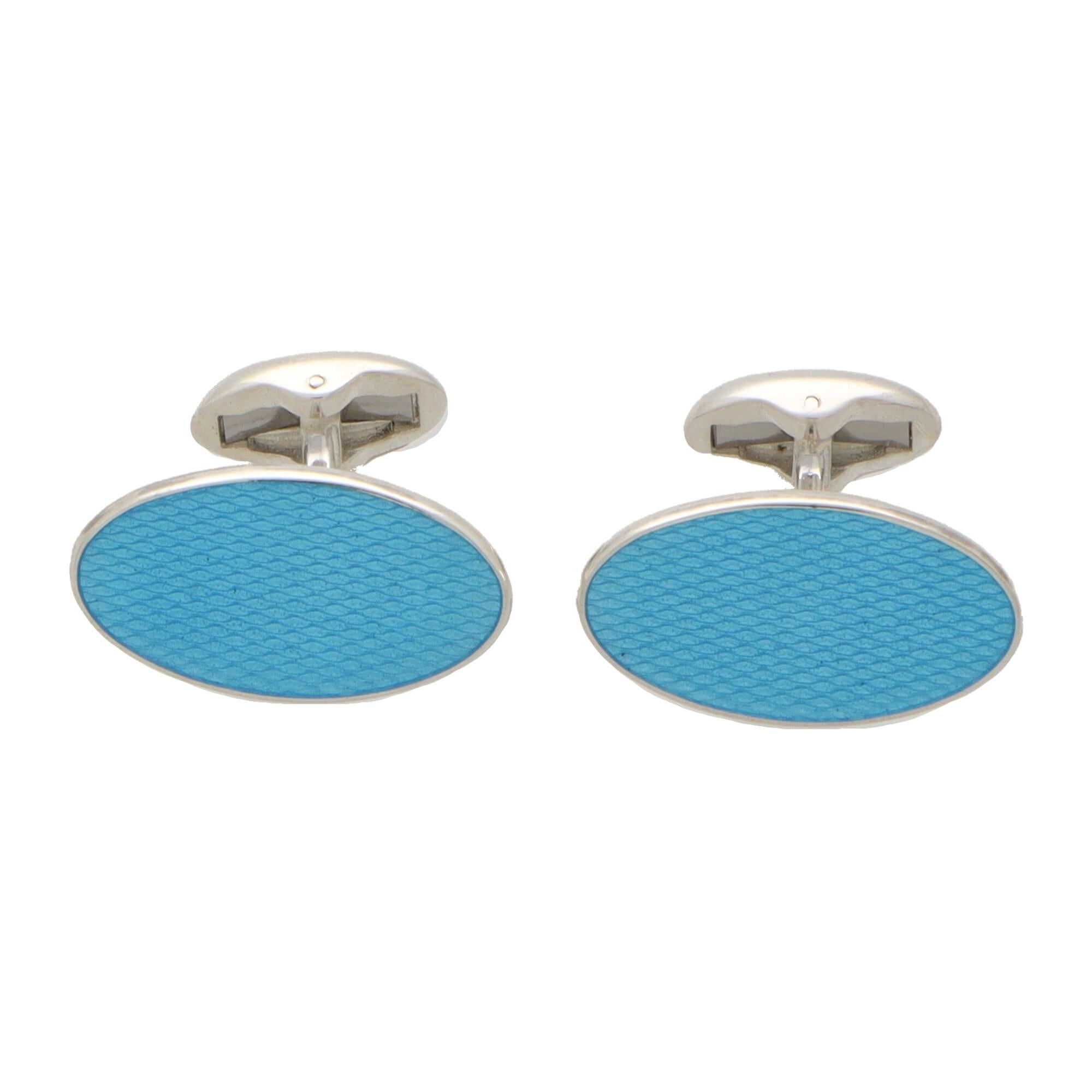 Boutons de manchette allongés en émail bleu turquoise et ovale Neuf à London, GB
