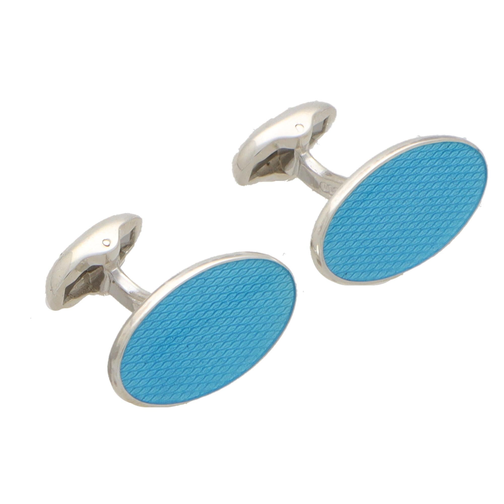 Women's or Men's Elongated Oval Turquoise Blue Enamel Cufflinks For Sale