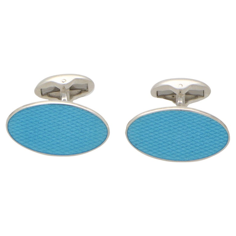 Elongated Oval Turquoise Blue Enamel Cufflinks For Sale at 1stDibs