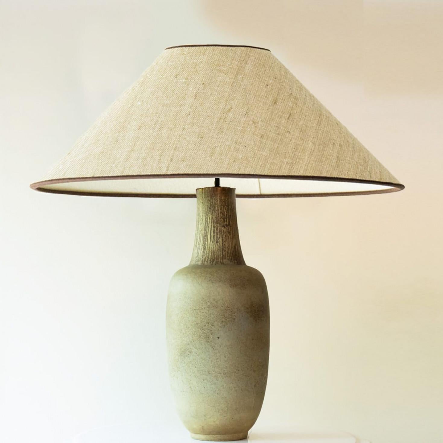Mid-Century Modern Elongated Ovoid Green Ceramic Floor Lamp with custom Lampshade by R. Houben For Sale