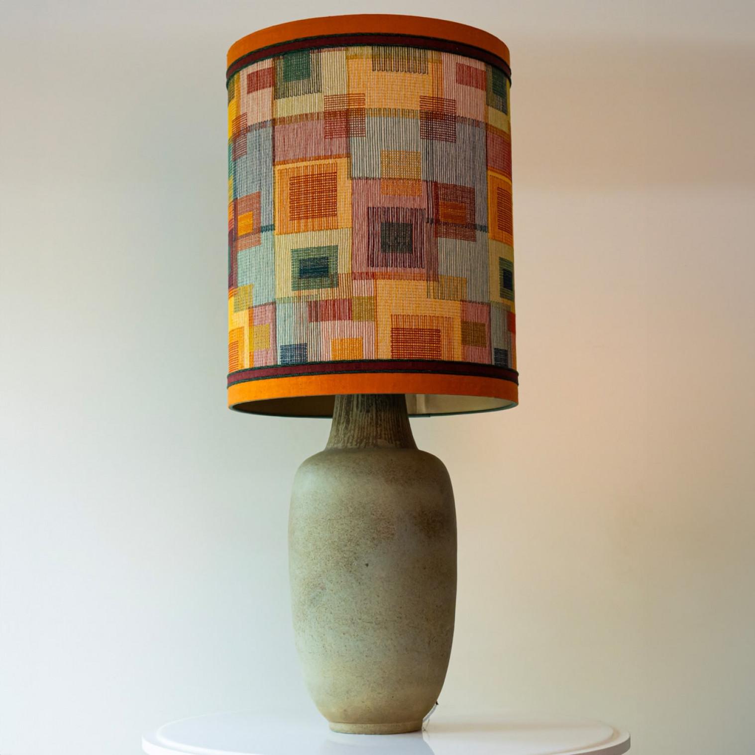 Danish Elongated Ovoid Lime Green Ceramic Table Floor Lamp with Lampshade by R. Houben For Sale