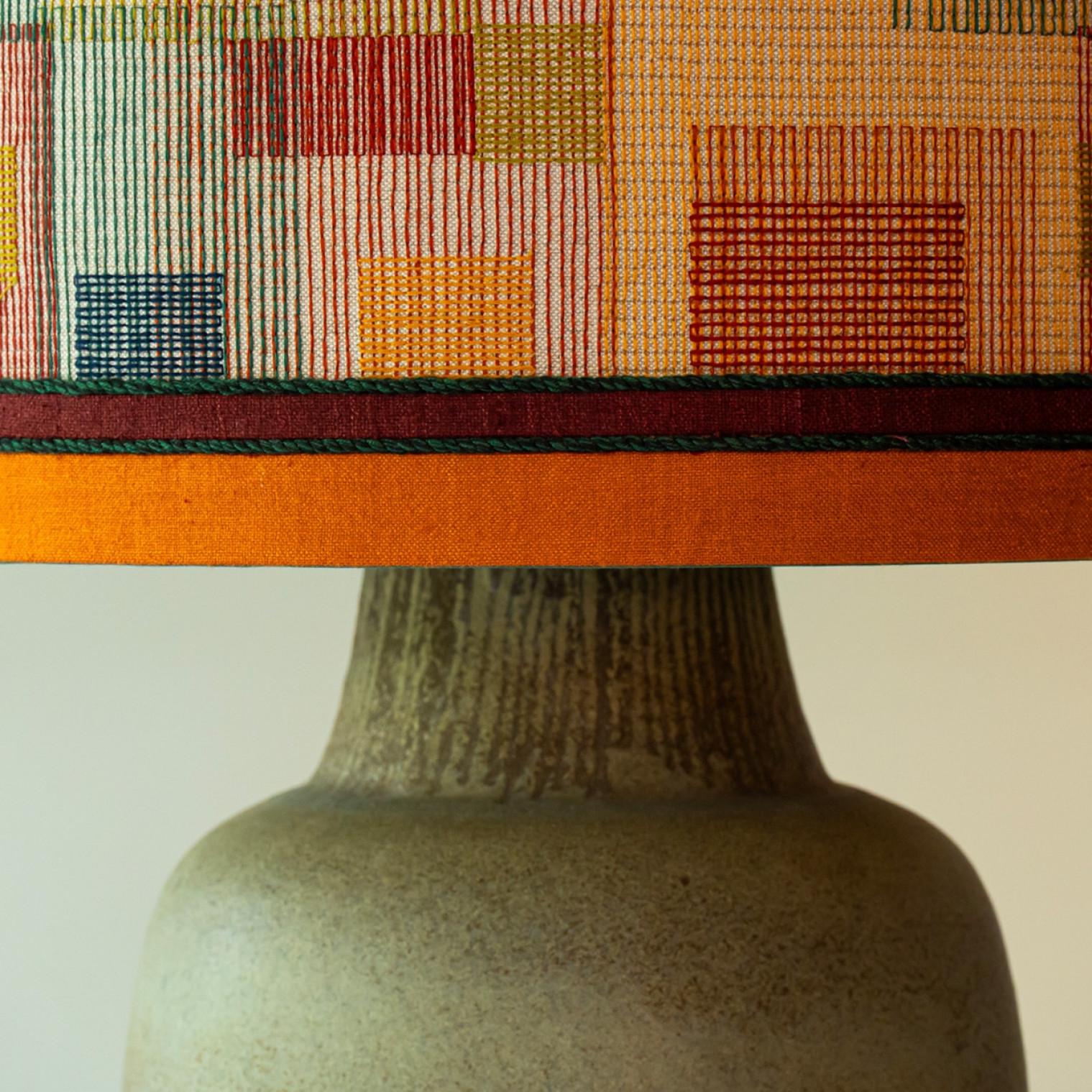Late 20th Century Elongated Ovoid Lime Green Ceramic Table Floor Lamp with Lampshade by R. Houben For Sale