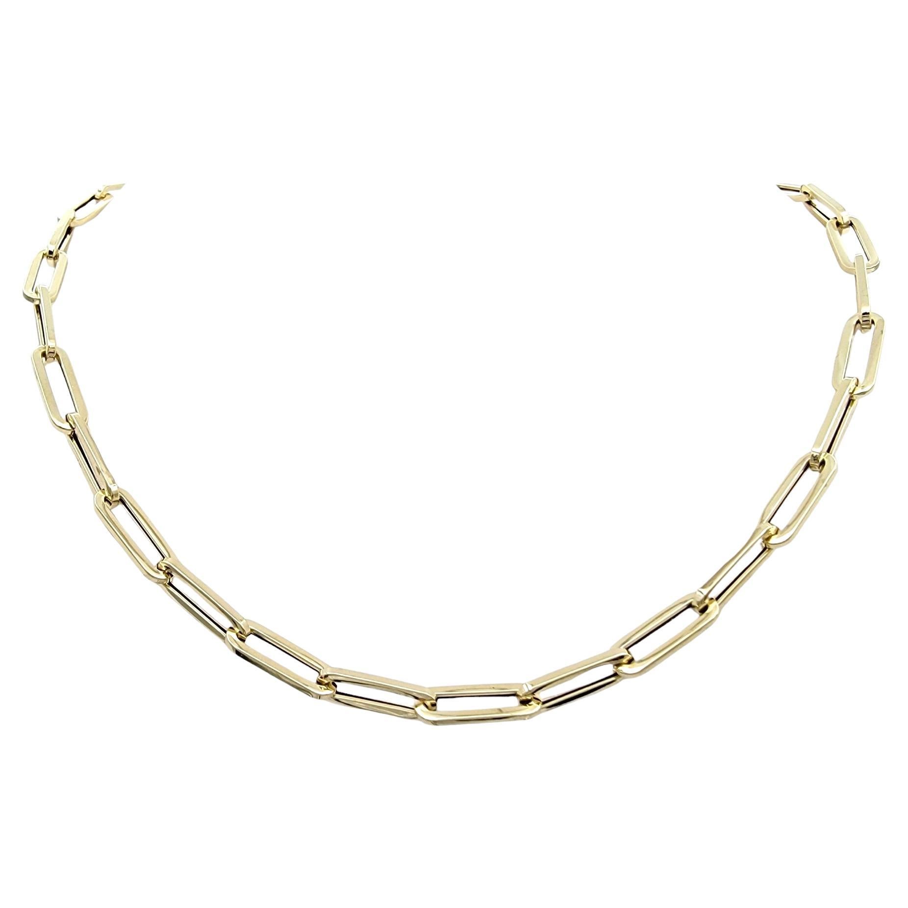 Elongated Paperclip Link Necklace in Polished 14 Karat Yellow Gold, 18" Long For Sale