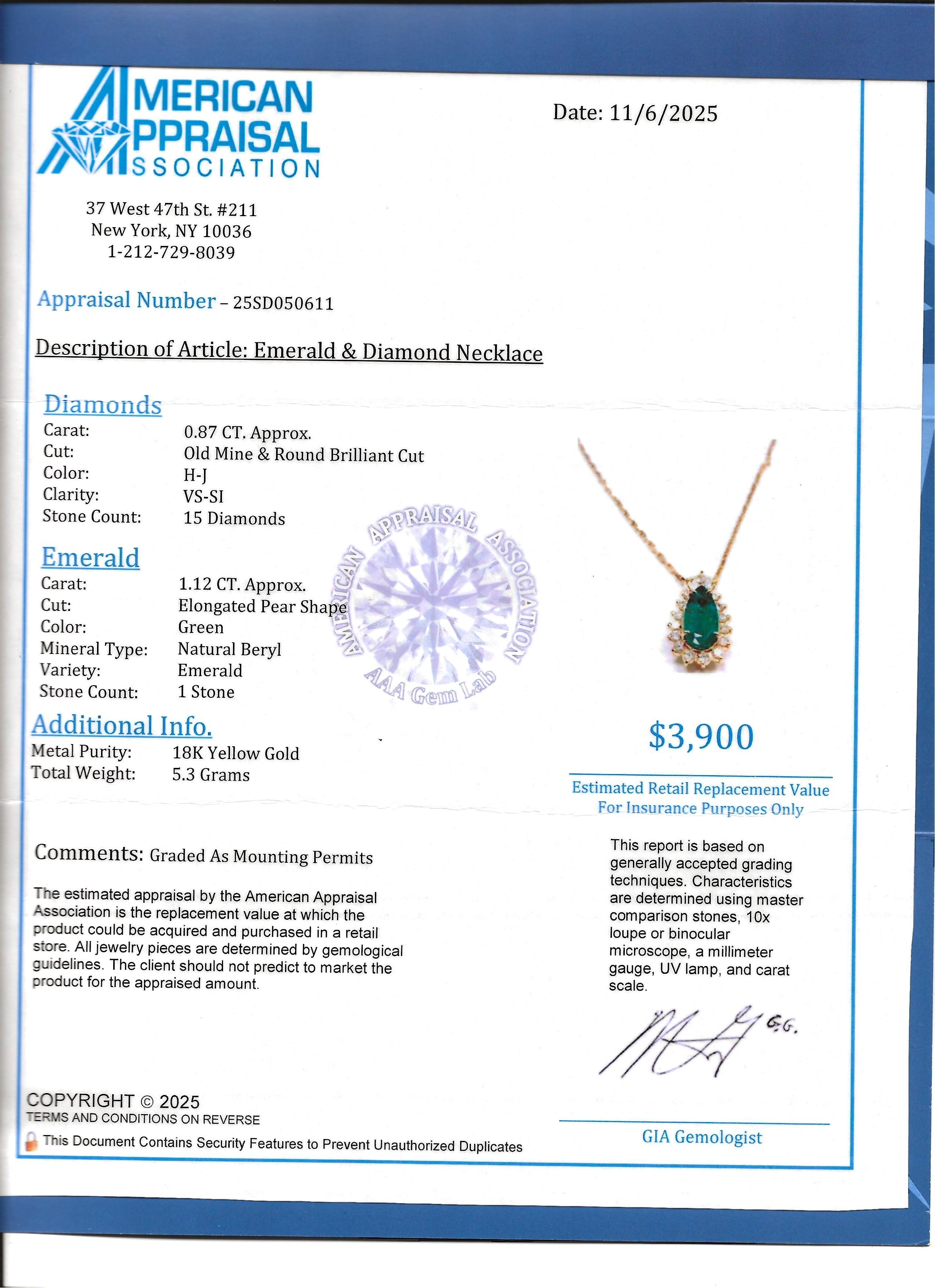 Länglicher Smaragd im Birnenschliff & Diamant-Halo-Anhänger Halskette 18 Karat Gelbgold im Angebot 4